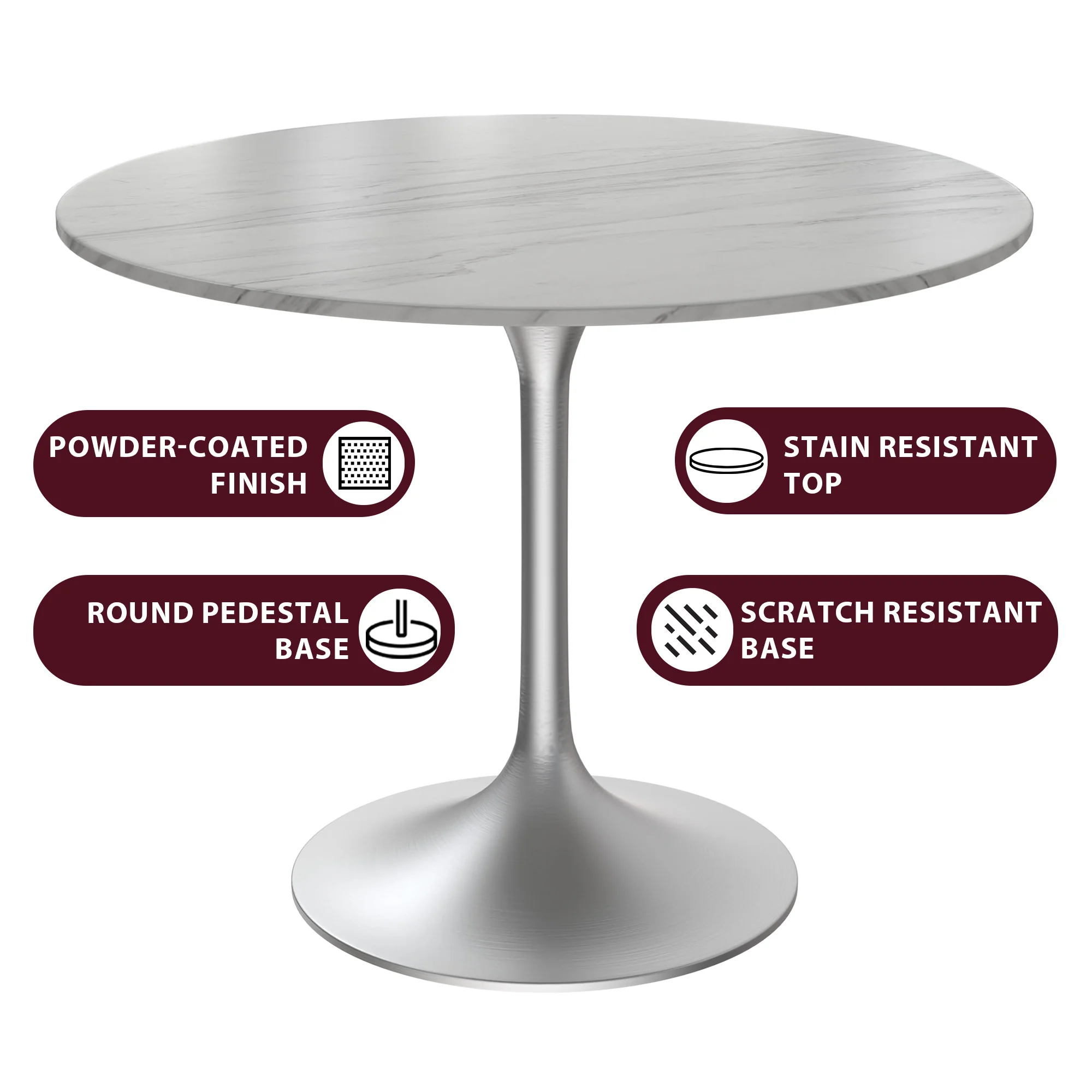 Verve Collection 36" Round Dining Table, Brushed Chrome Base with Sintered Stone White Top
