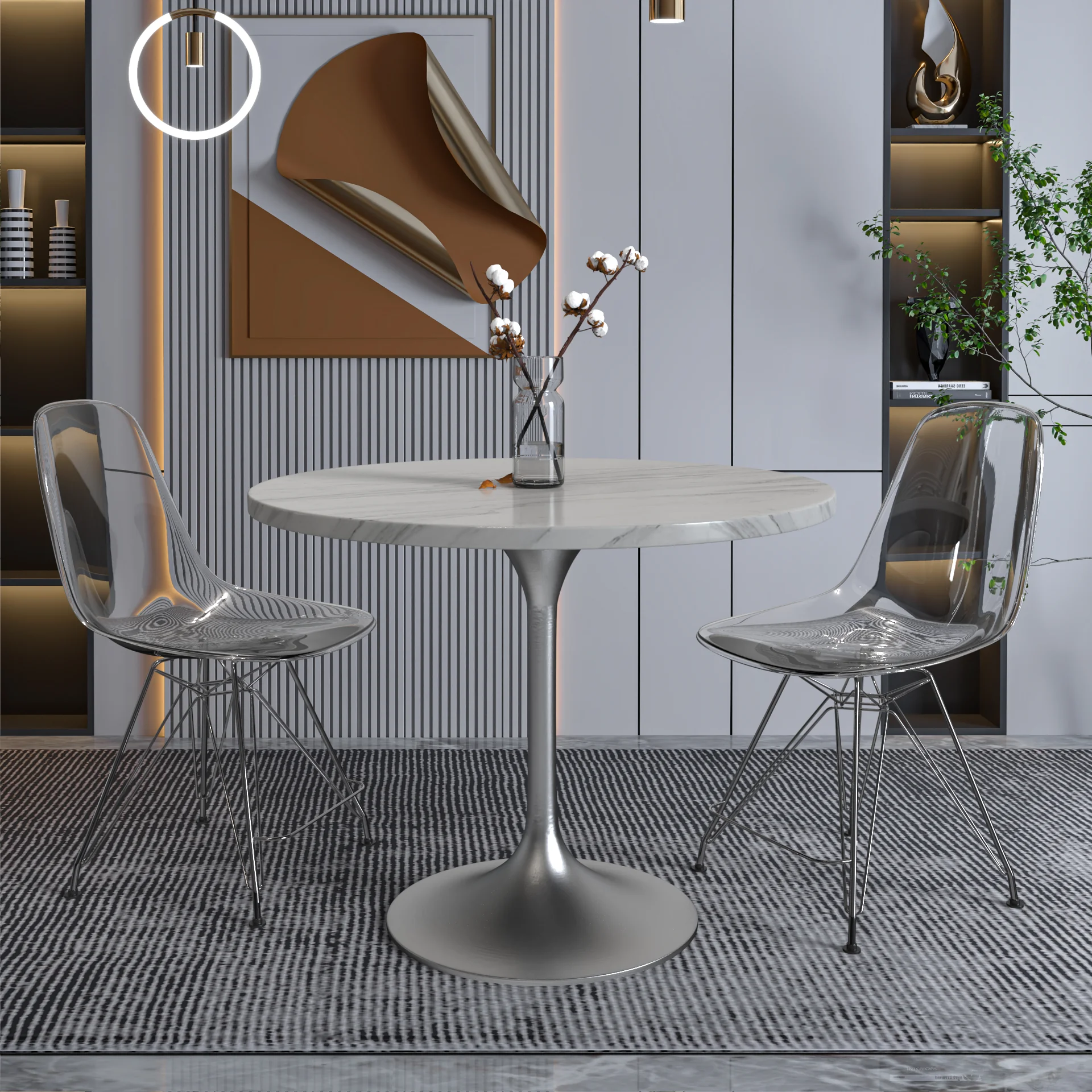 Verve Collection 36" Round Dining Table, Brushed Chrome Base with Sintered Stone White Top