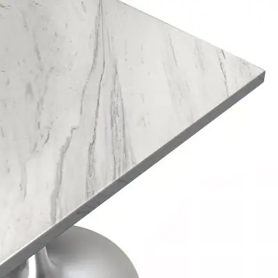 Verve Collection 27 Square Dining Table, Brushed Base with Laminated White Marbleized Top