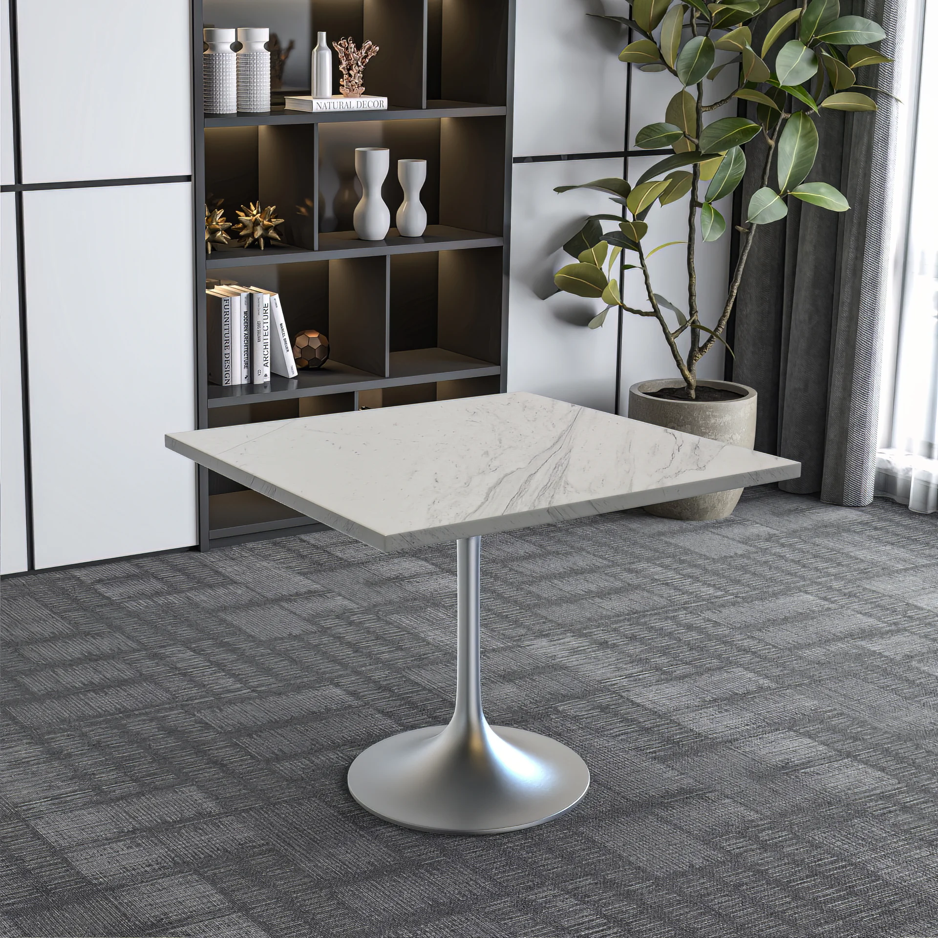 Verve Collection 36 Square Dining Table, Brushed Base with Laminated White Marbleized Top