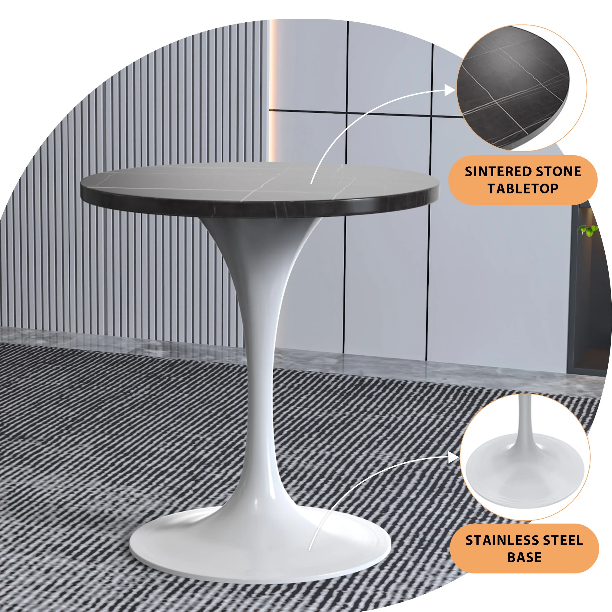 Verve Collection 27 Round Dining Table, White Base with Sintered Stone Black Top