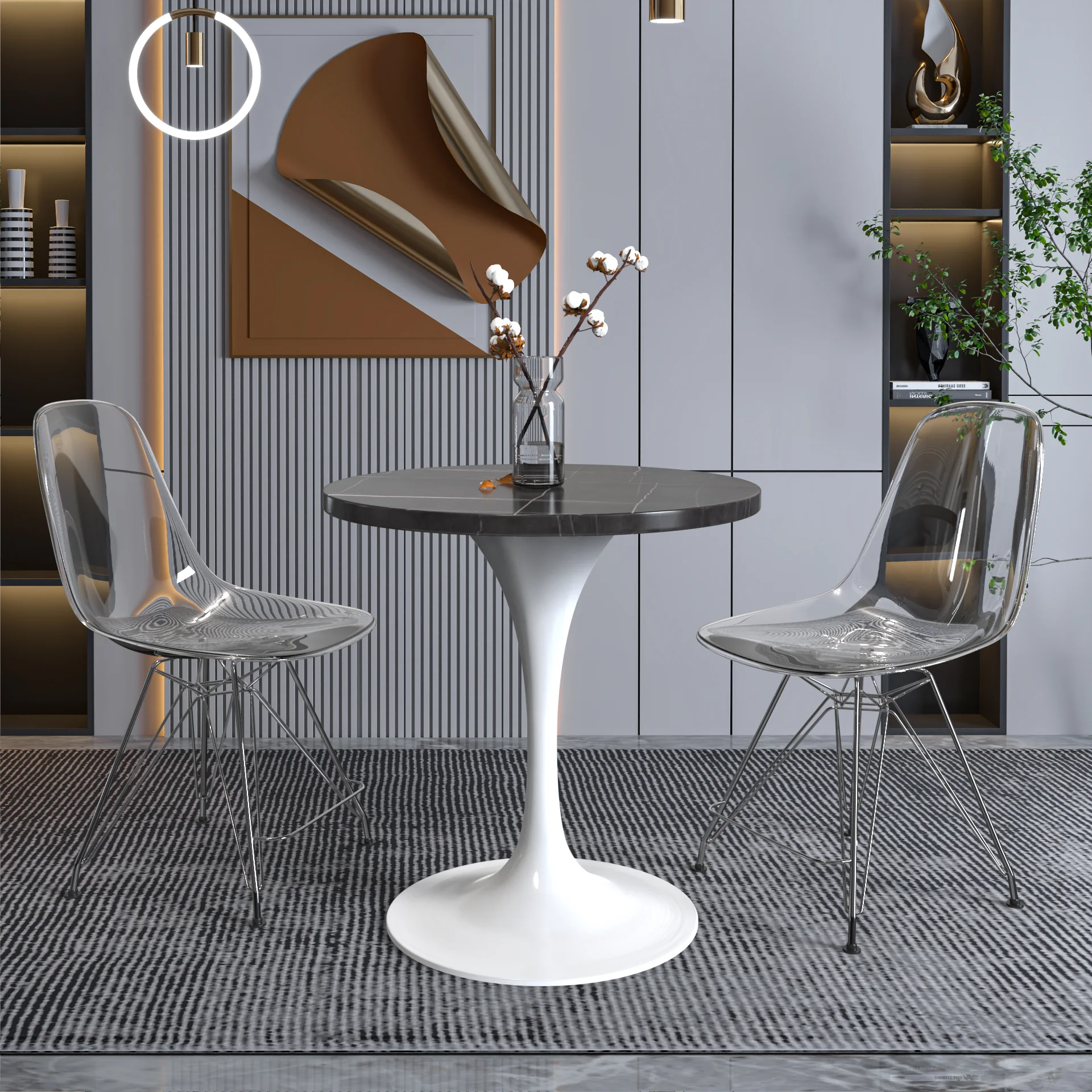 Verve Collection 27 Round Dining Table, White Base with Sintered Stone Black Top