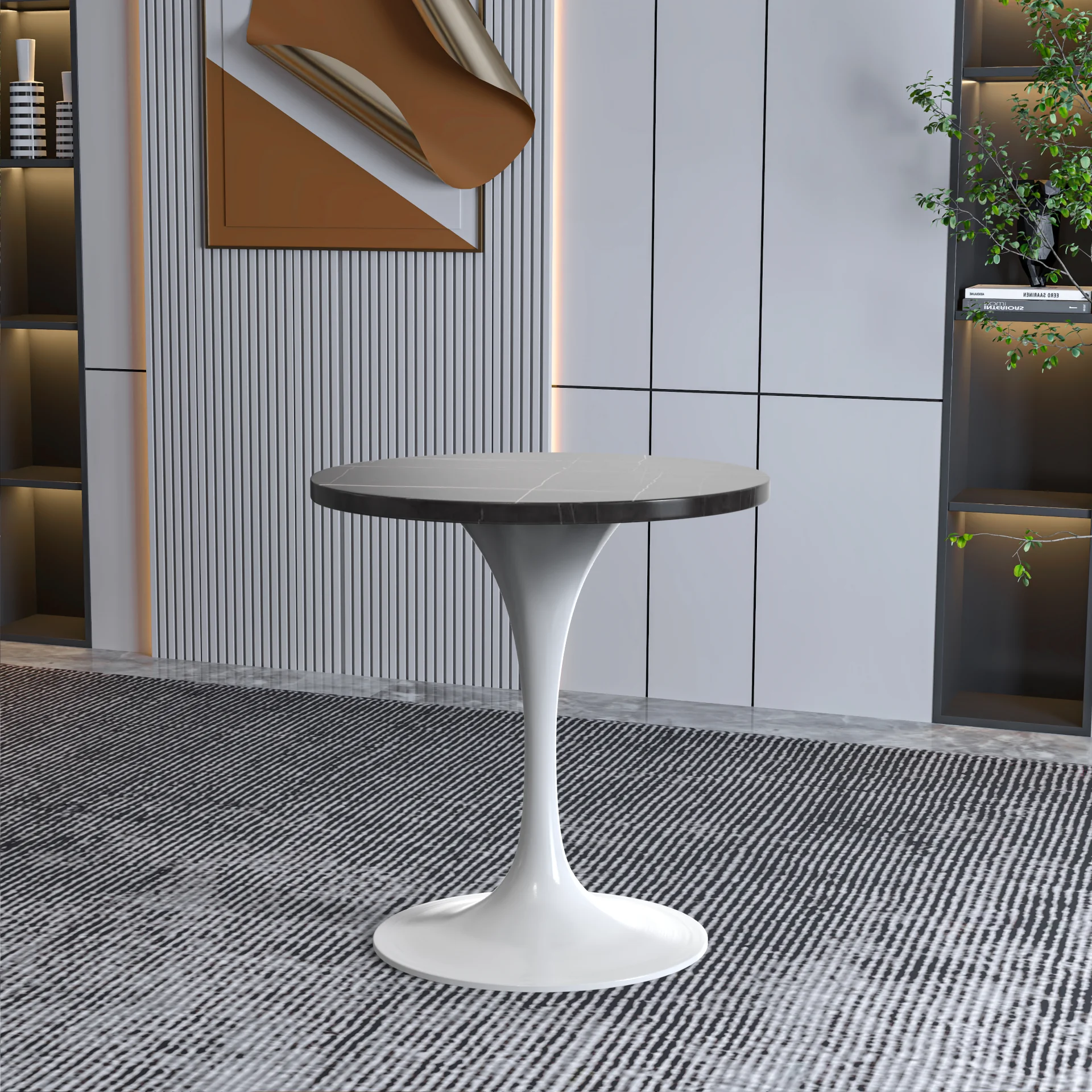 Verve Collection 27 Round Dining Table, White Base with Sintered Stone Black Top
