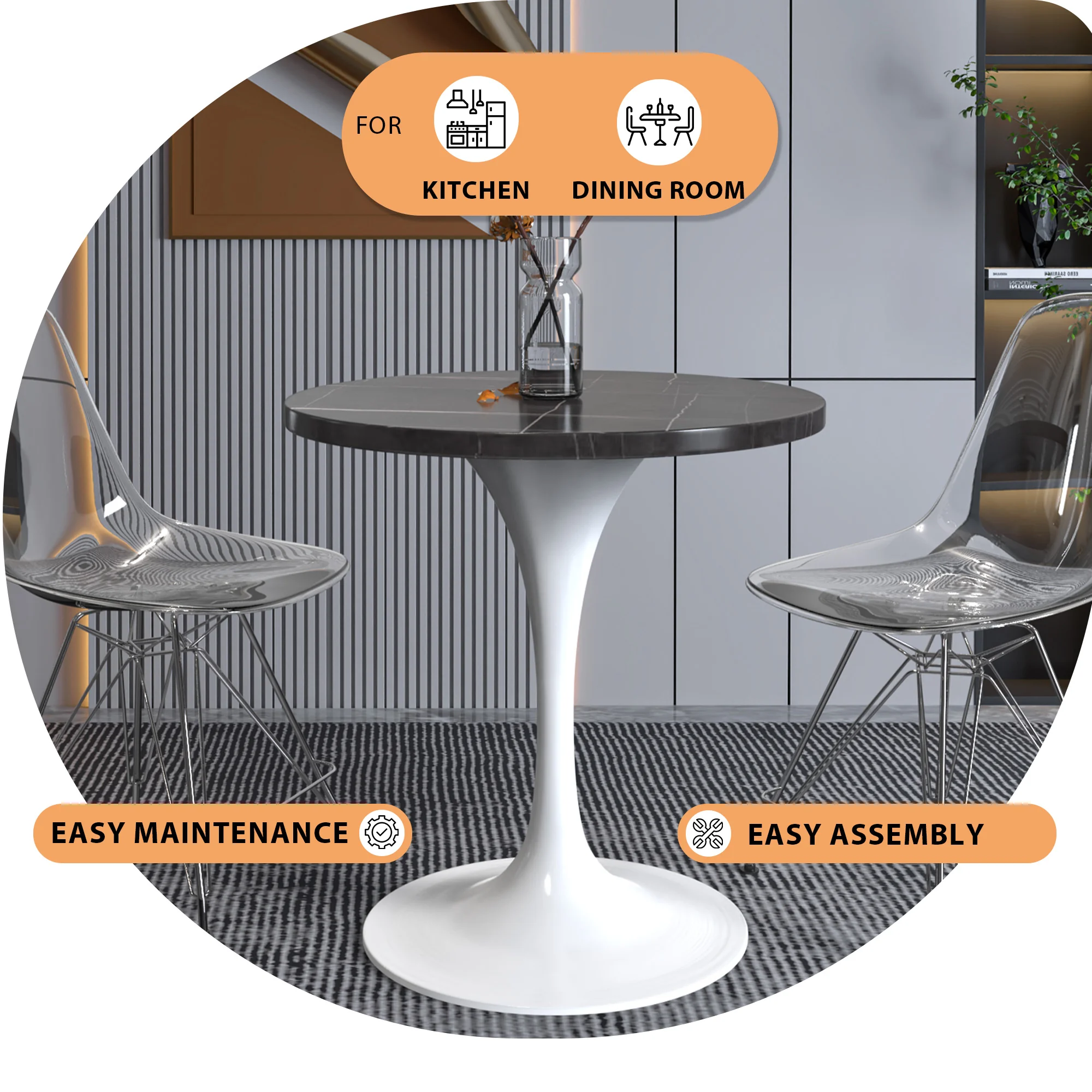 Verve Collection 27 Round Dining Table, White Base with Sintered Stone Black Top