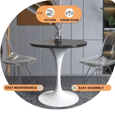 Verve Collection 27 Round Dining Table, White Base with Sintered Stone Black Top