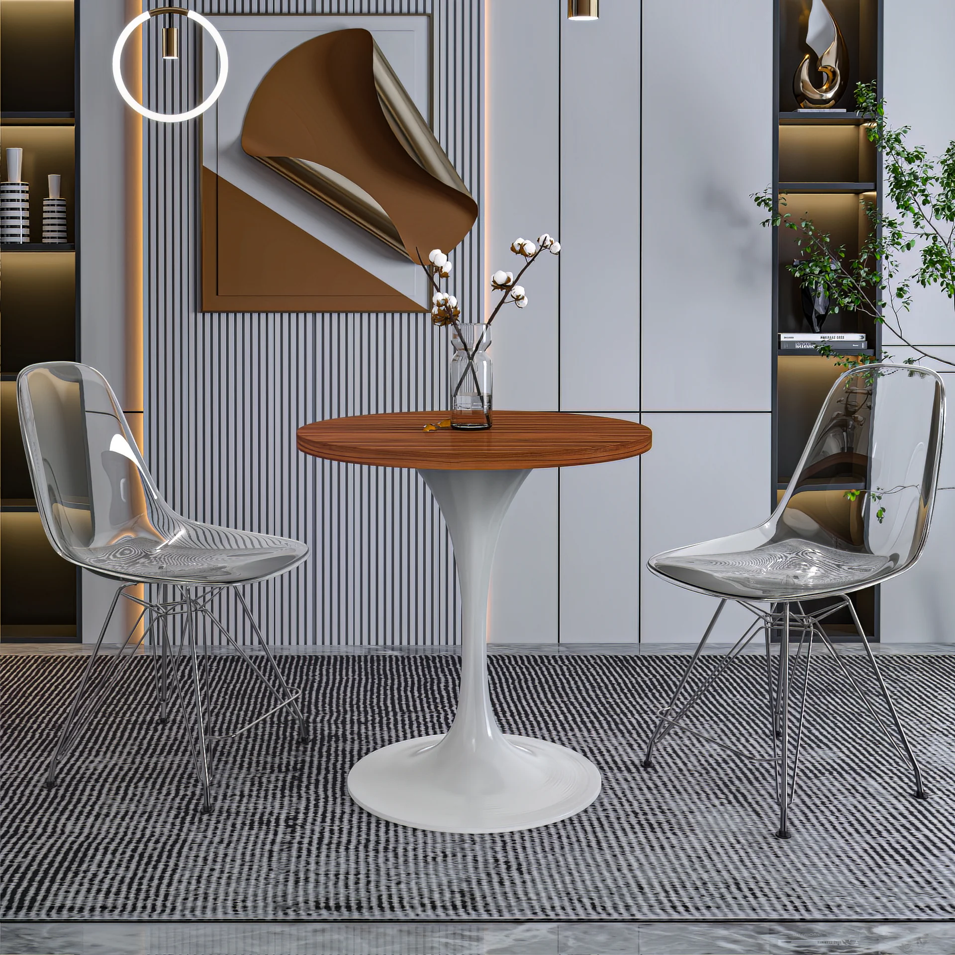 Verve Collection 27 Round Dining Table, White Base with Cognac Brown MDF Top