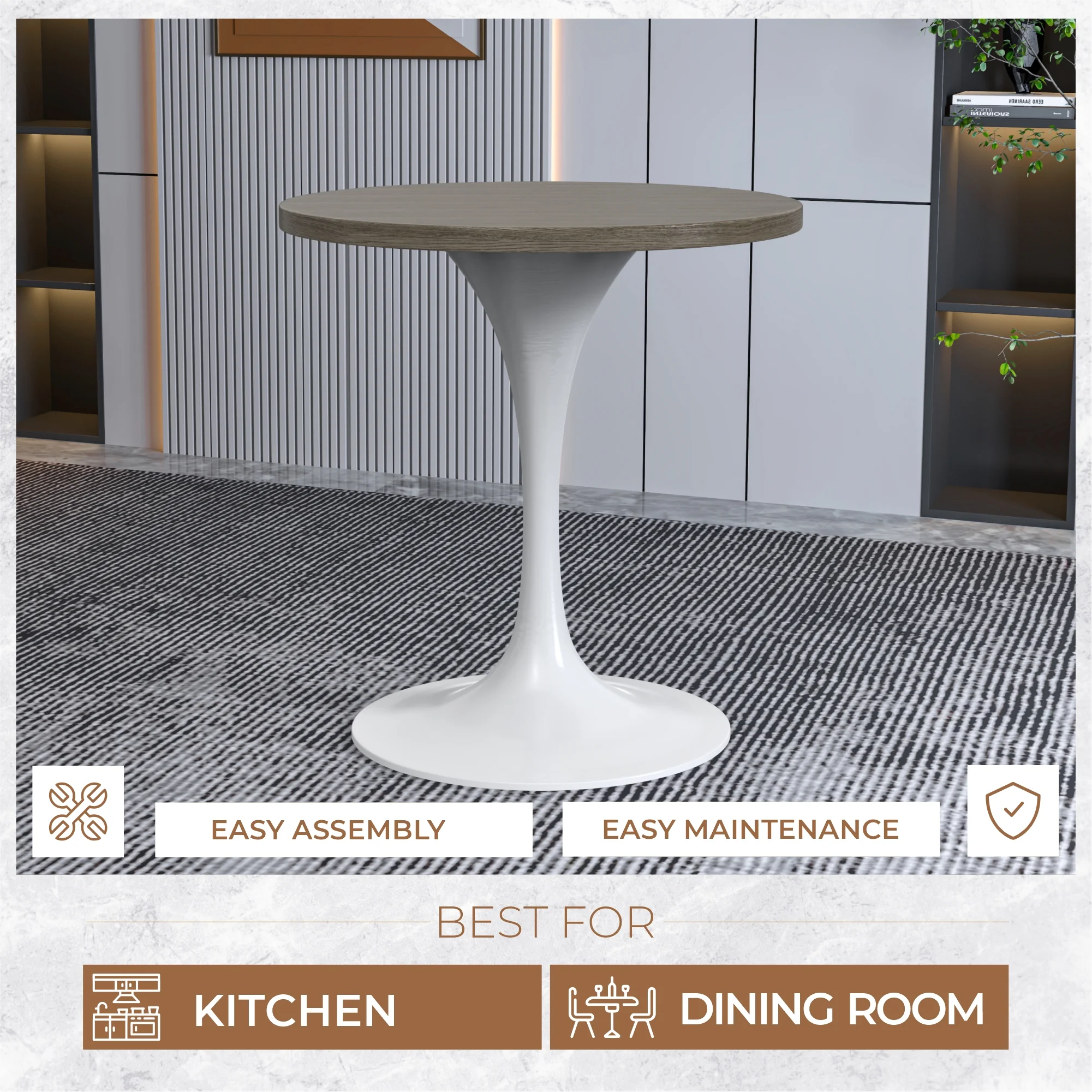 Verve Collection 27 Round Dining Table, White Base with Dark Maple MDF Top