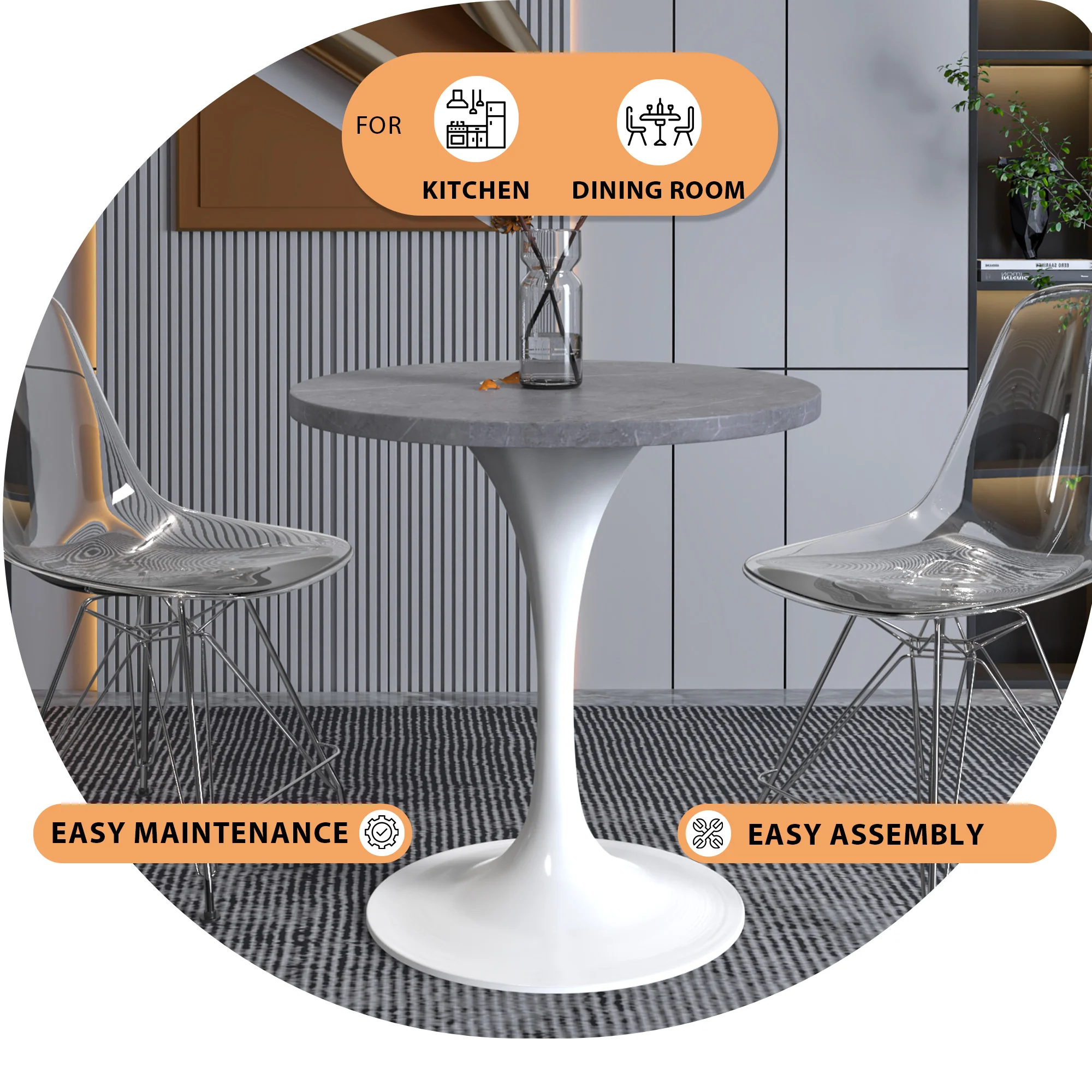 Verve Collection 27 Round Dining Table, White Base with Sintered Stone Grey Top