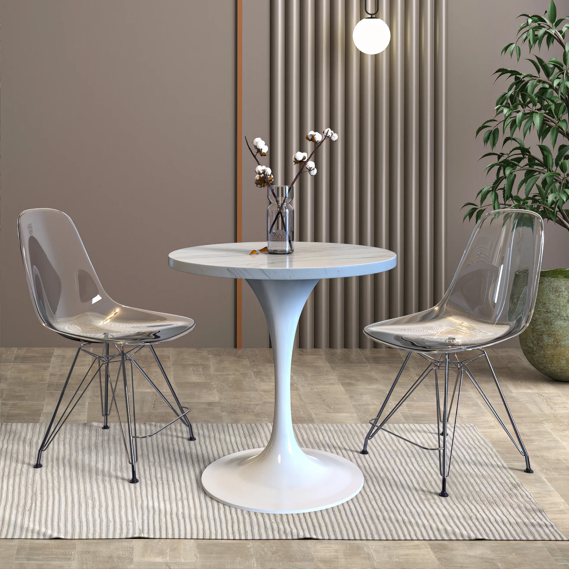 Verve Collection 27 Round Dining Table, White Base with Laminated White Marbleized Top