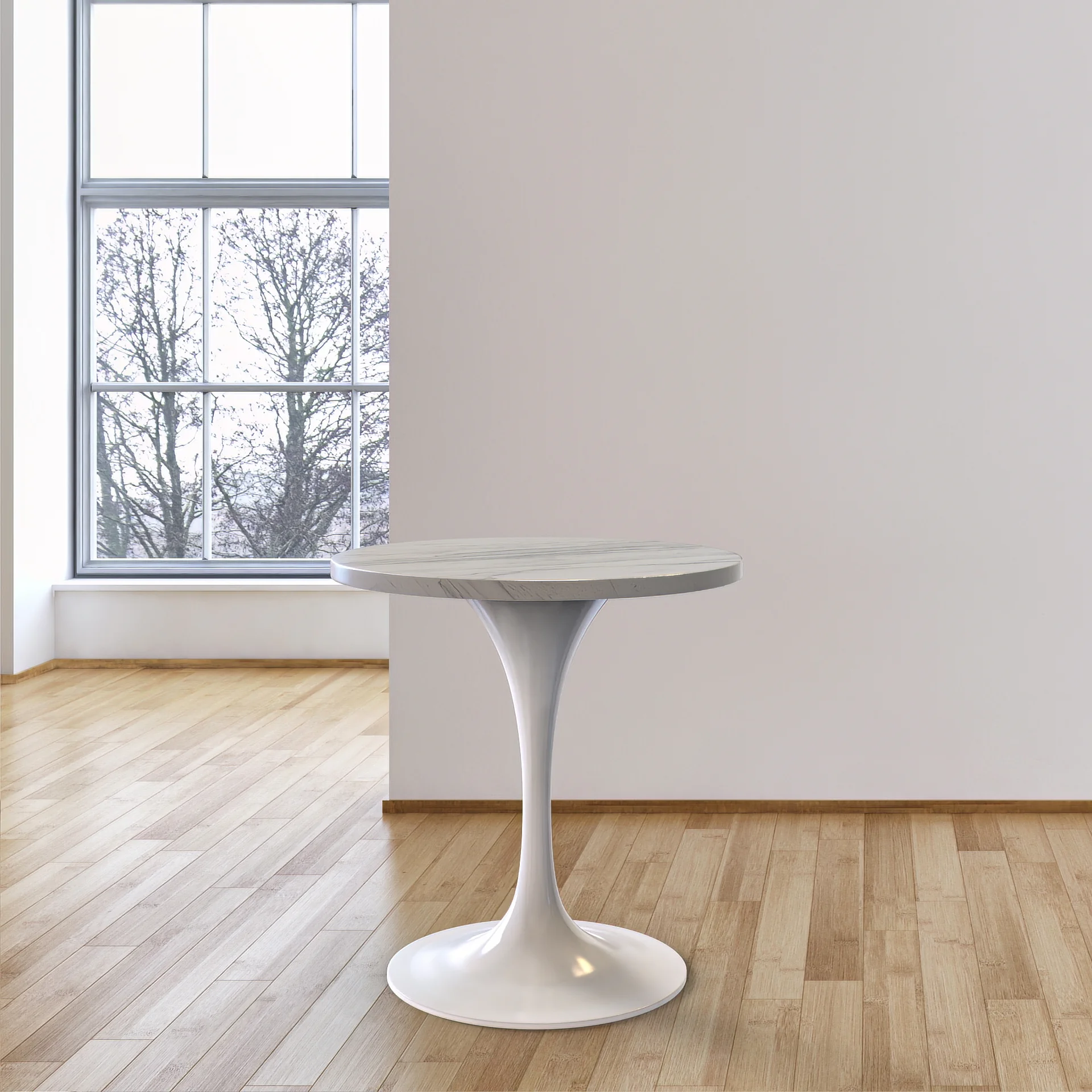 Verve Collection 27 Round Dining Table, White Base with Laminated White Marbleized Top