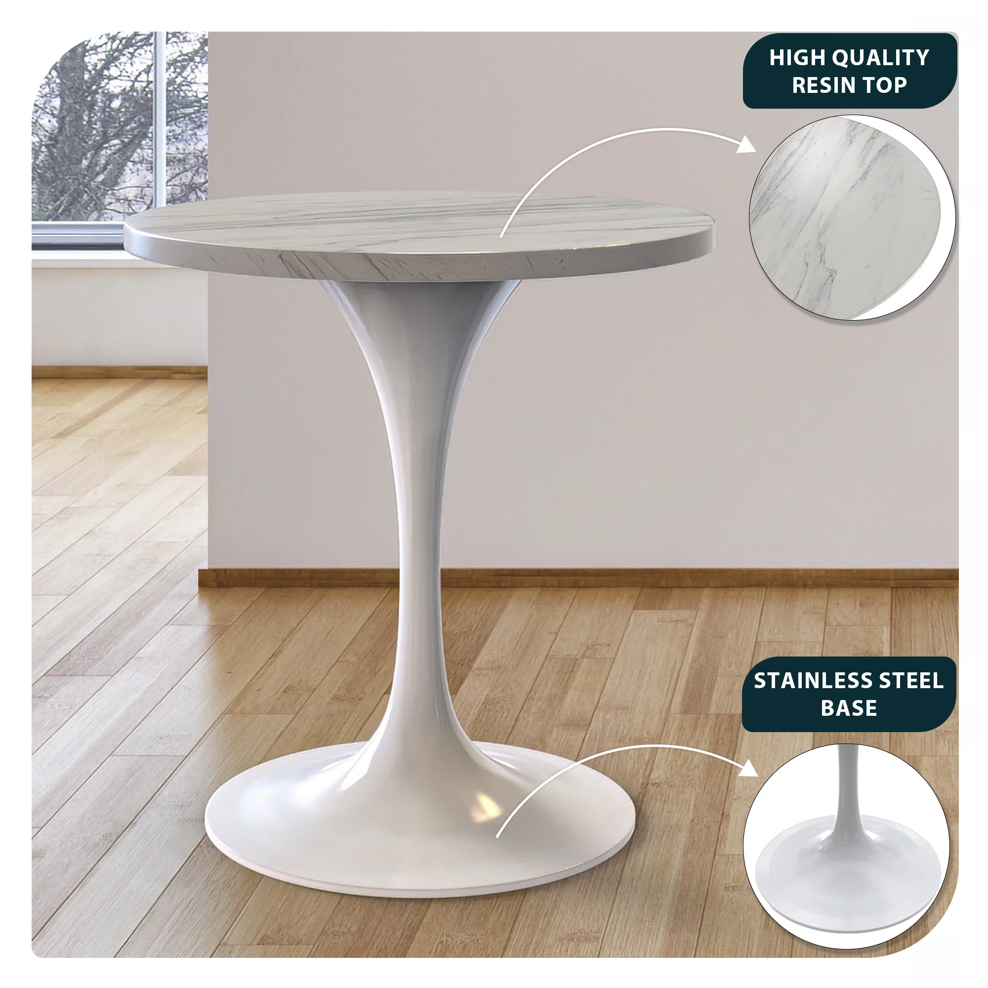 Verve Collection 27 Round Dining Table, White Base with Laminated White Marbleized Top
