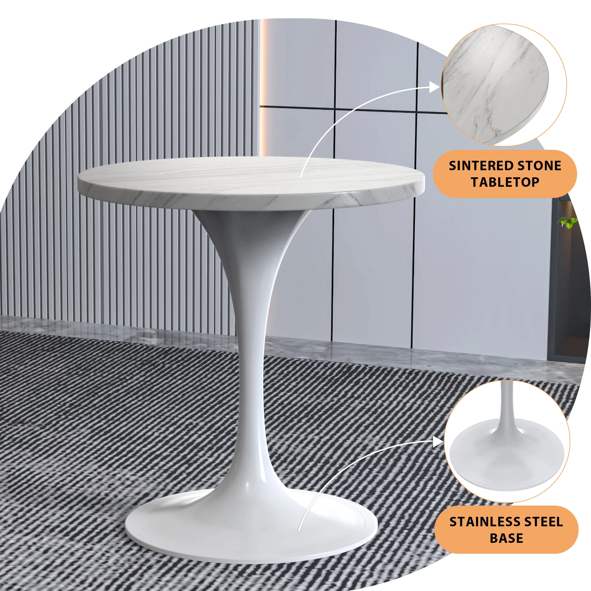 Verve Collection 27 Round Dining Table, White Base with Sintered Stone White Top