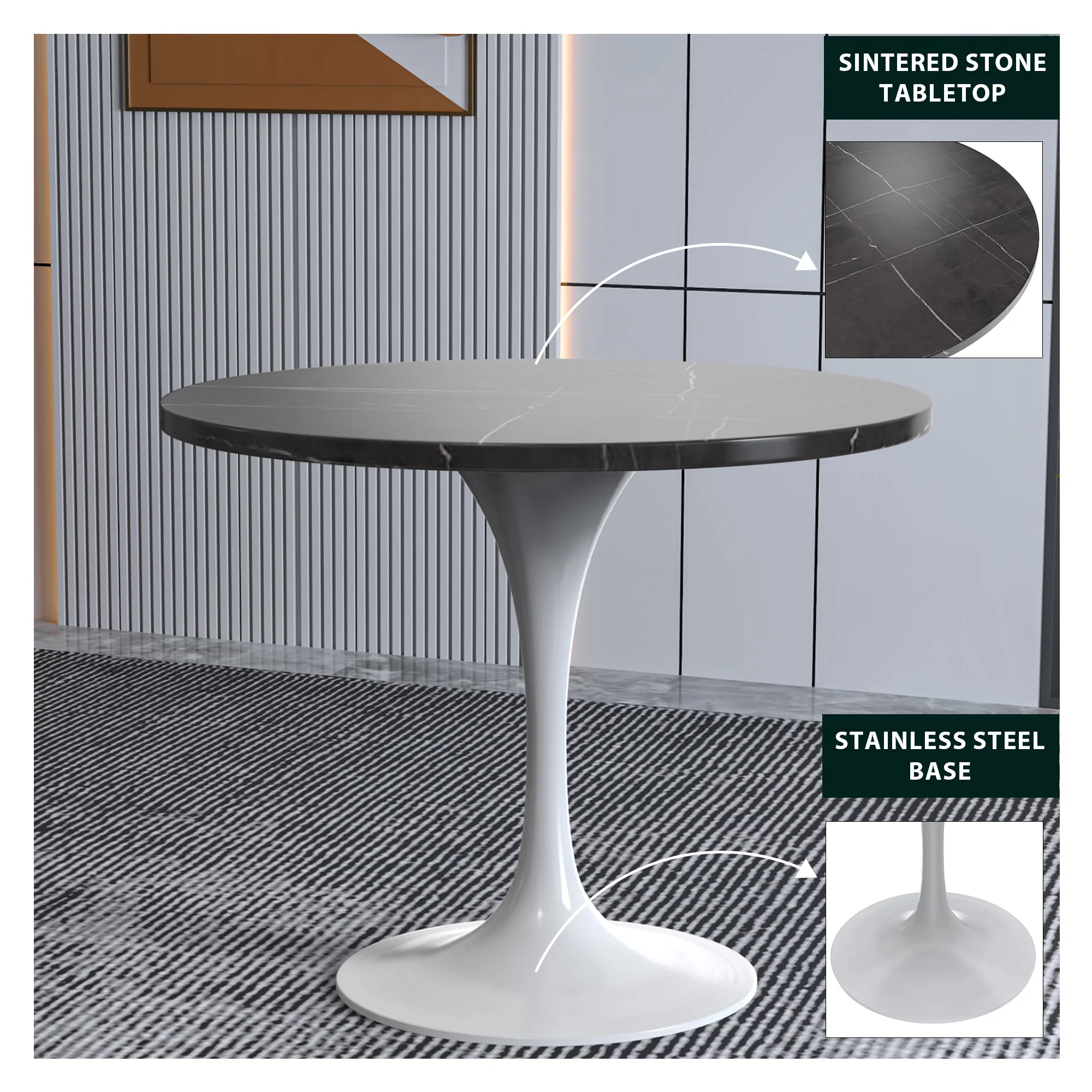 Verve Collection 36 Round Dining Table, White Base with Sintered Stone Black Top