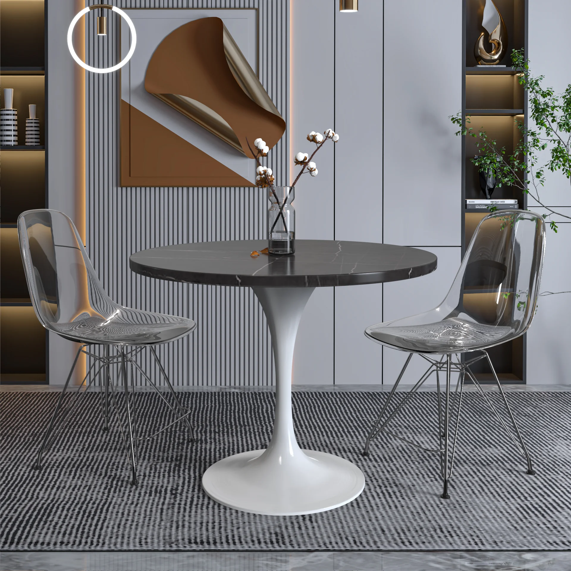 Verve Collection 36 Round Dining Table, White Base with Sintered Stone Black Top