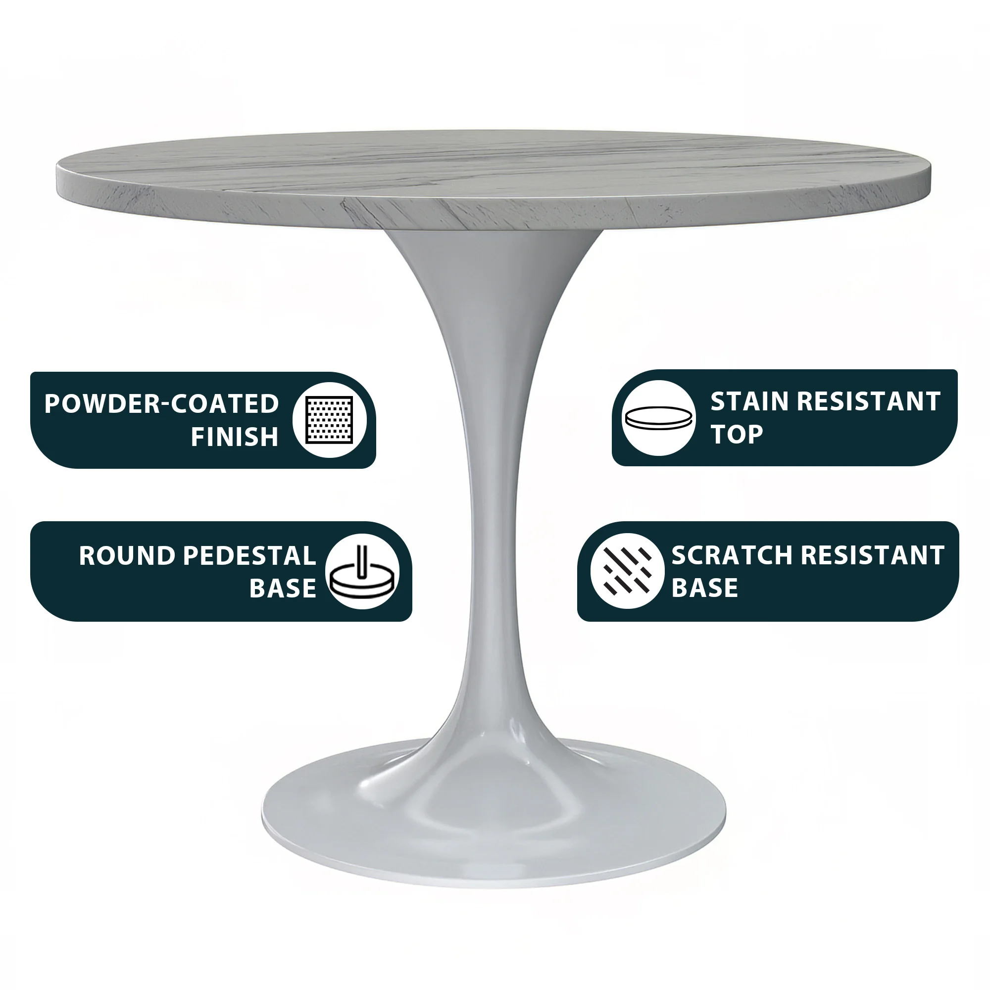 Verve Collection 36 Round Dining Table, White Base with Laminated White Marbleized Top