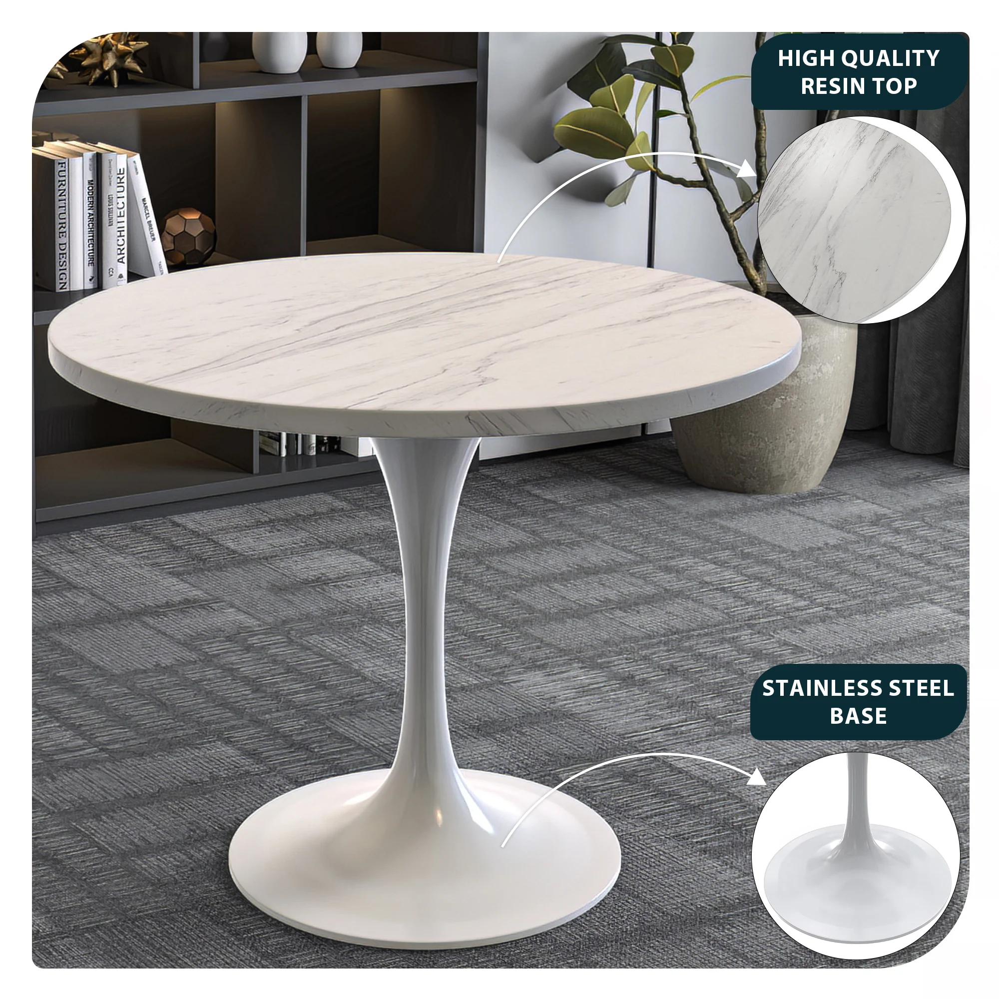 Verve Collection 36 Round Dining Table, White Base with Laminated White Marbleized Top