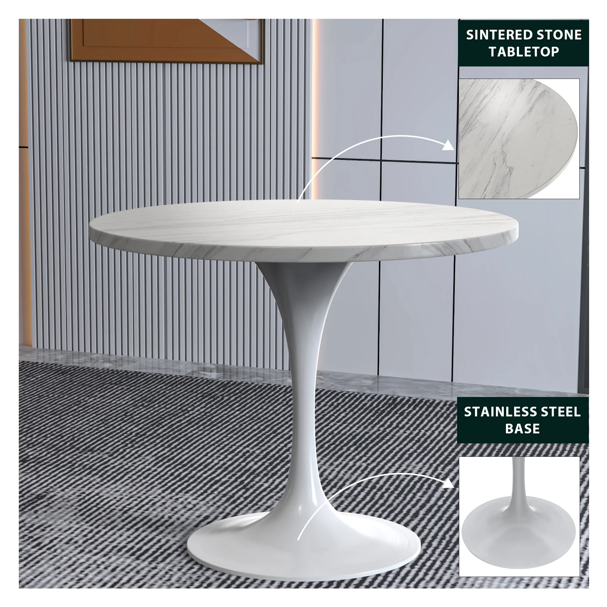 Verve Collection 36 Round Dining Table, White Base with Sintered Stone White Top