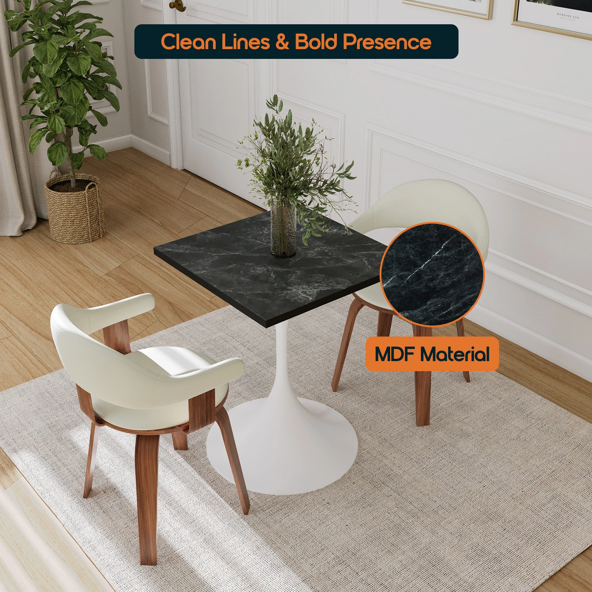 Verve Collection 24 Square Dining Table, White Base with Black MDF Top