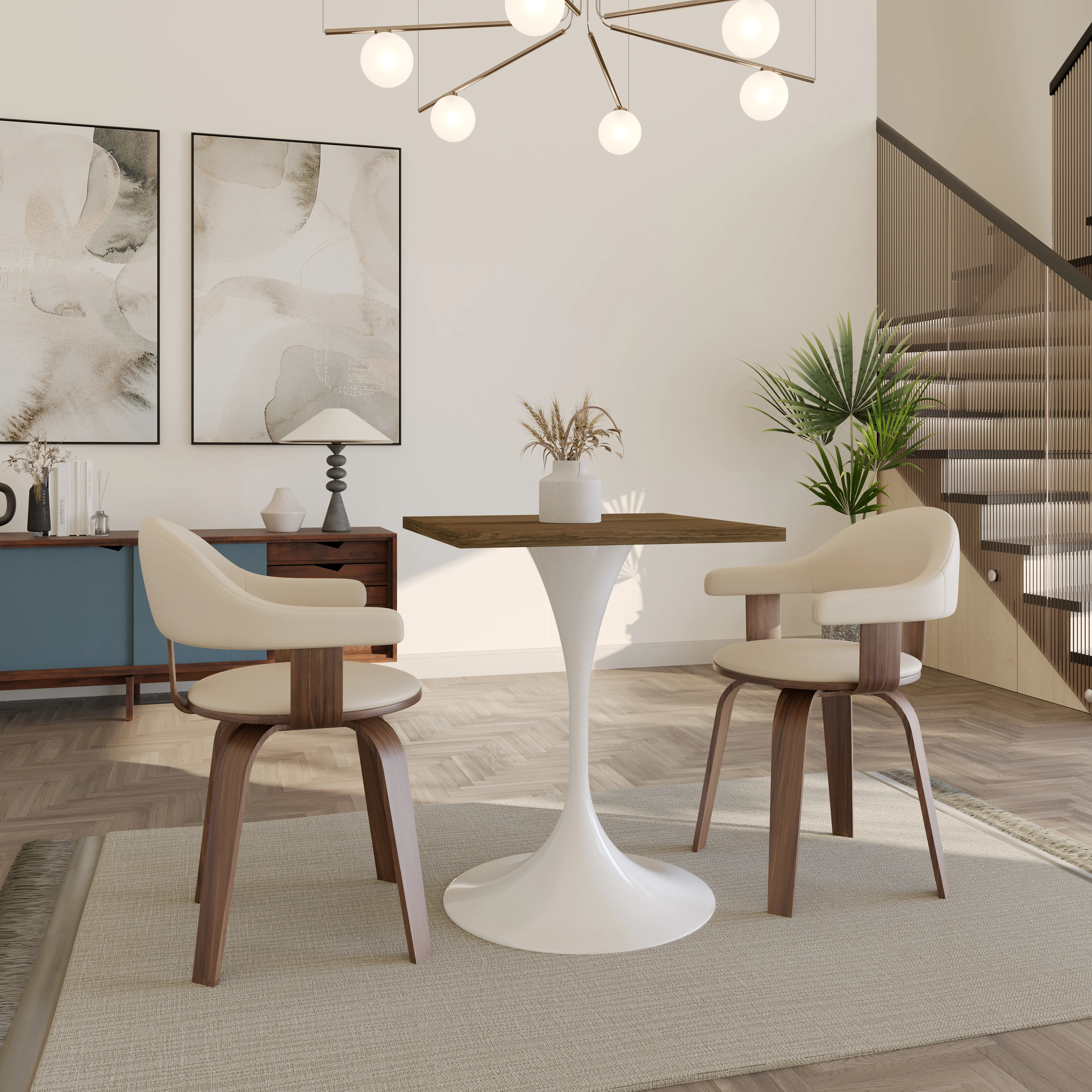 Verve Collection 24 Square Dining Table, White Base with Dark Maple MDF Top