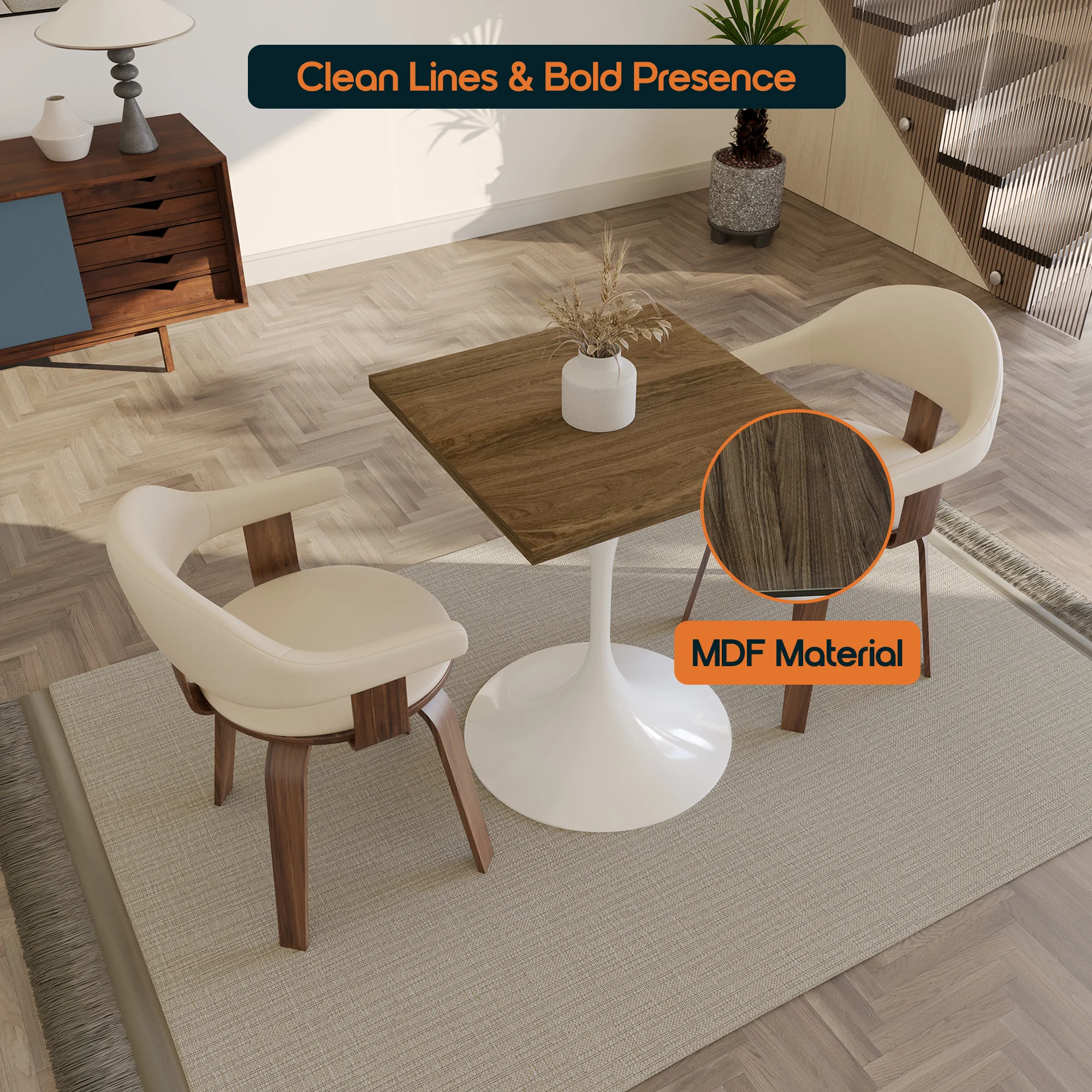 Verve Collection 24 Square Dining Table, White Base with Dark Maple MDF Top