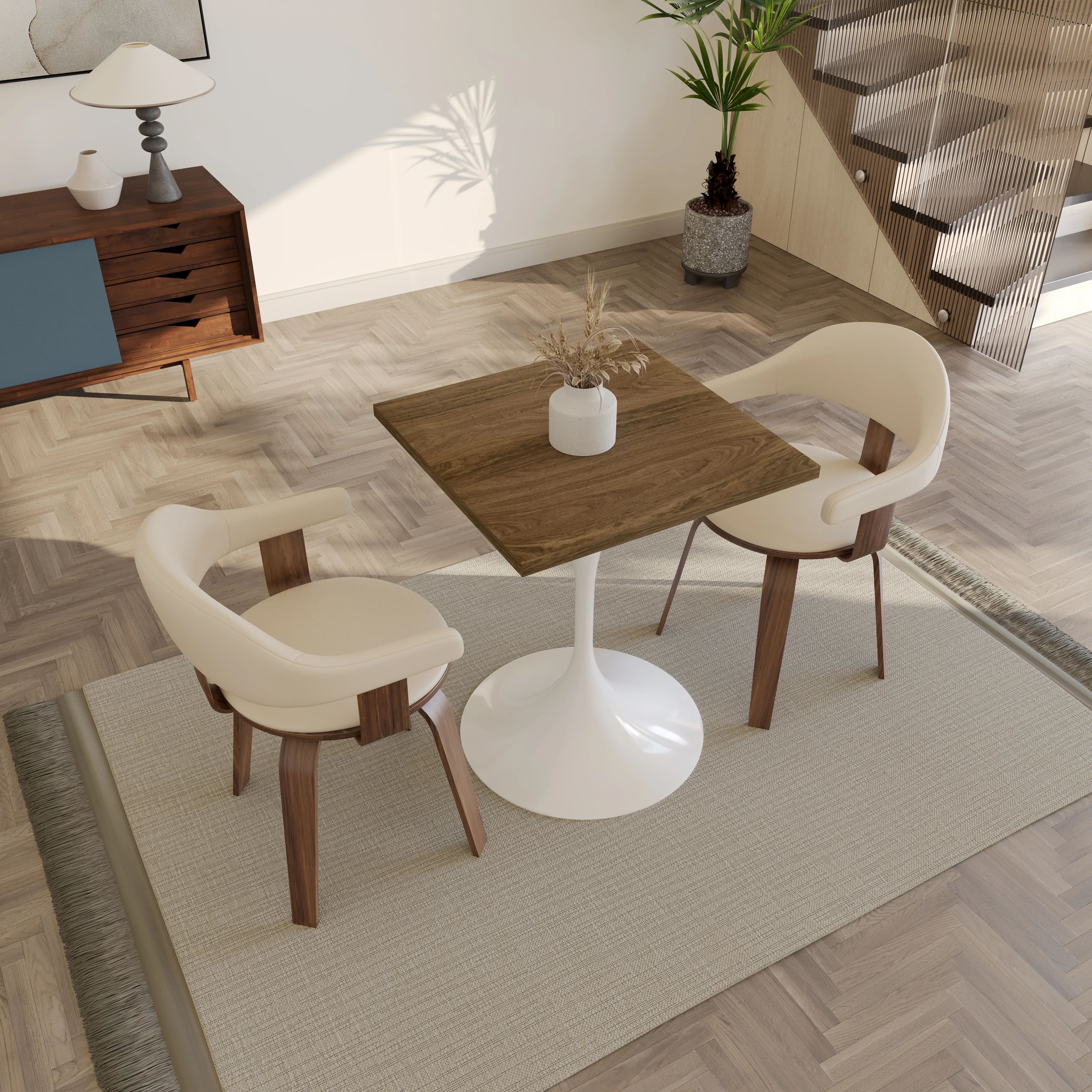 Verve Collection 24 Square Dining Table, White Base with Dark Maple MDF Top