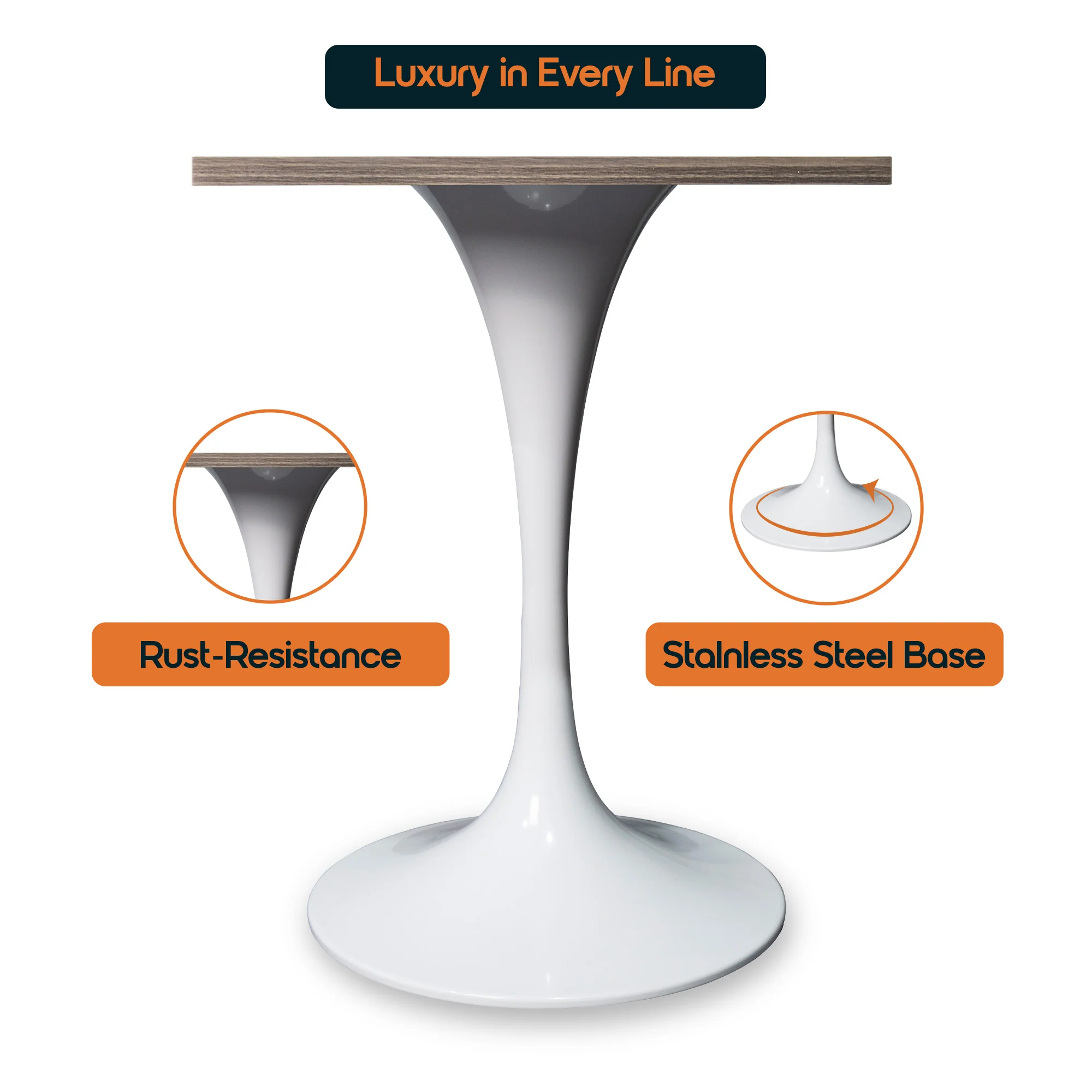 Verve Collection 24 Square Dining Table, White Base with Dark Maple MDF Top