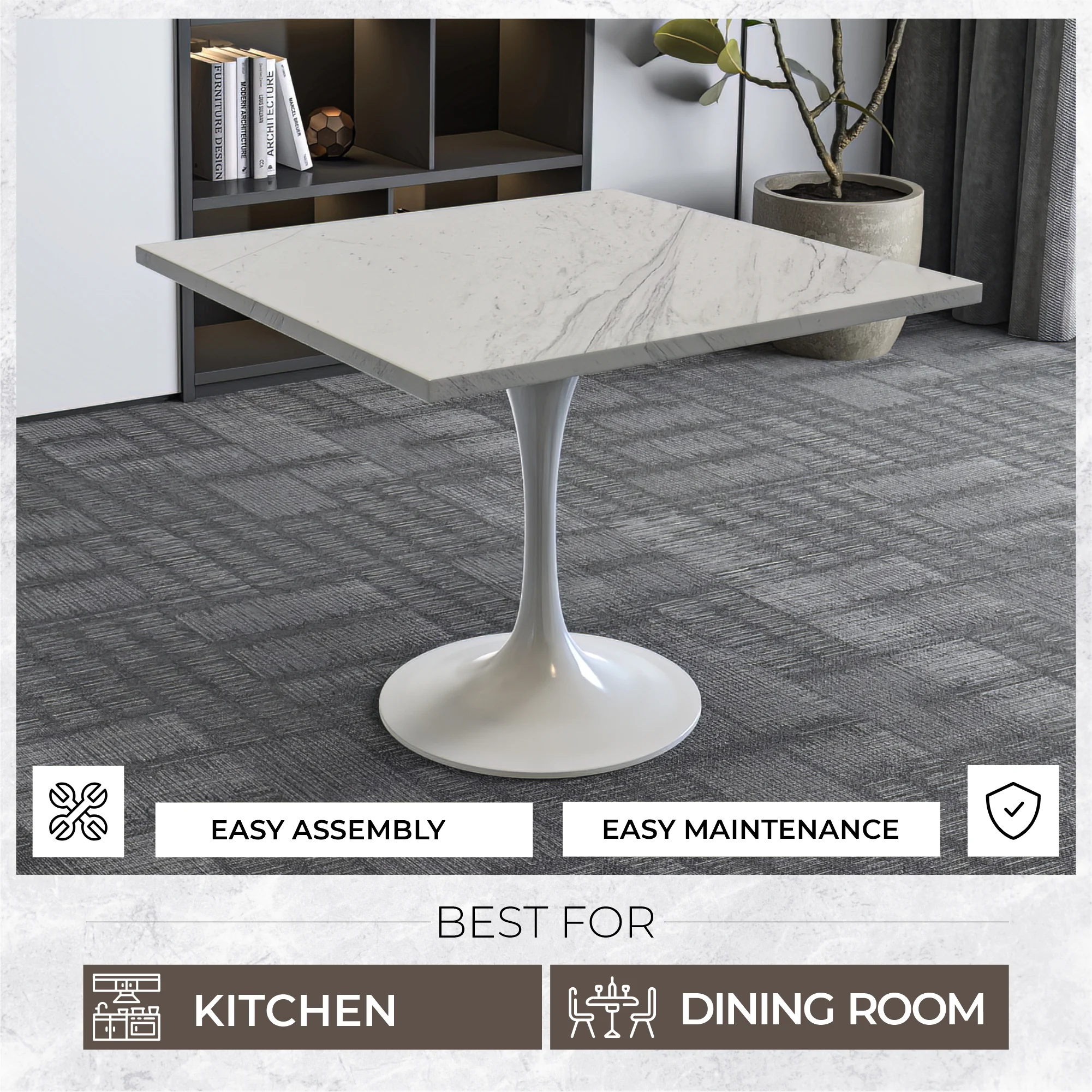 Verve Collection 36 Square Dining Table, White Base with Laminated White Marbleized Top