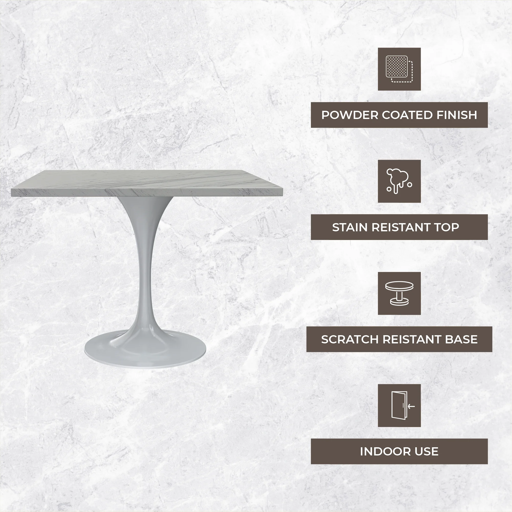 Verve Collection 36 Square Dining Table, White Base with Laminated White Marbleized Top