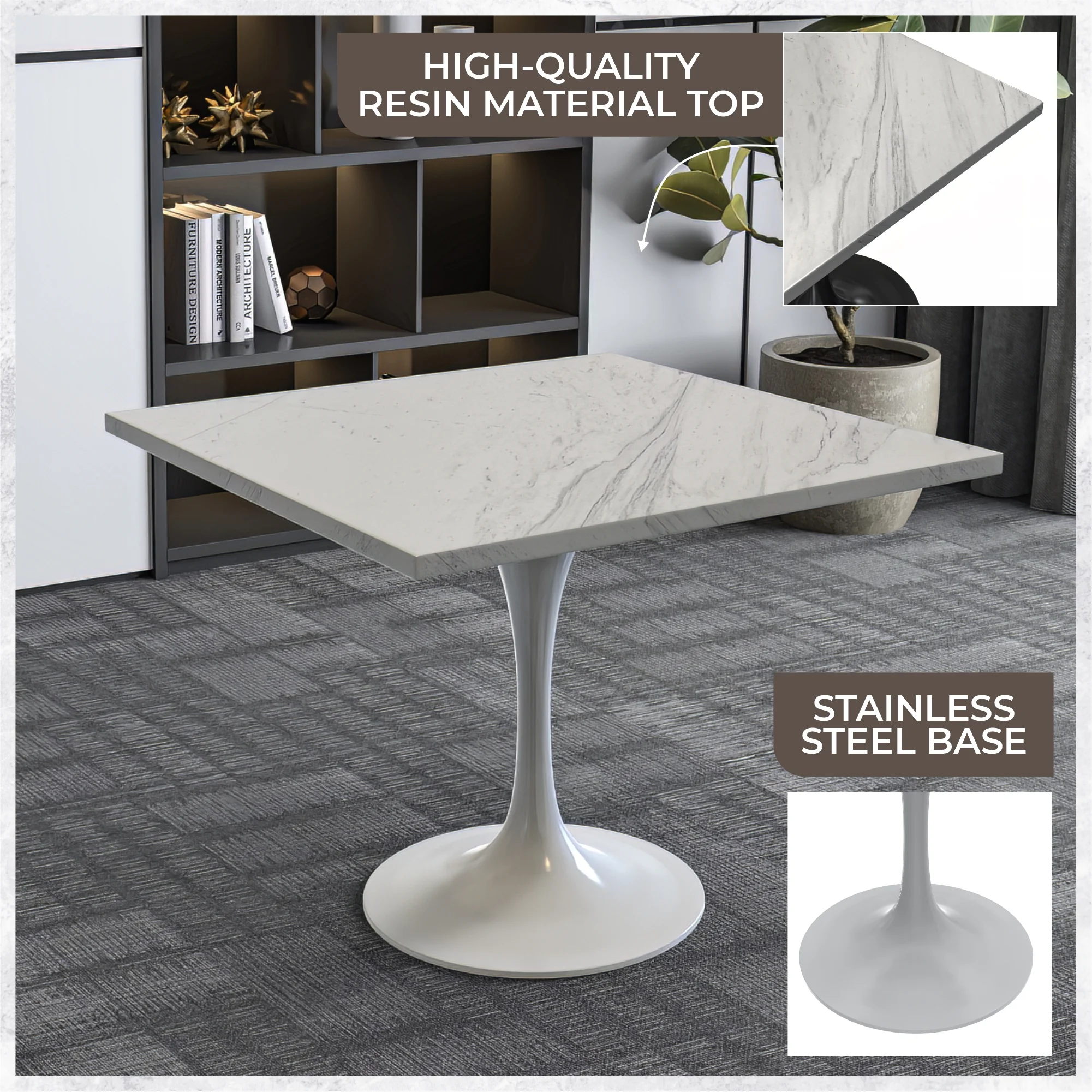 Verve Collection 36 Square Dining Table, White Base with Laminated White Marbleized Top