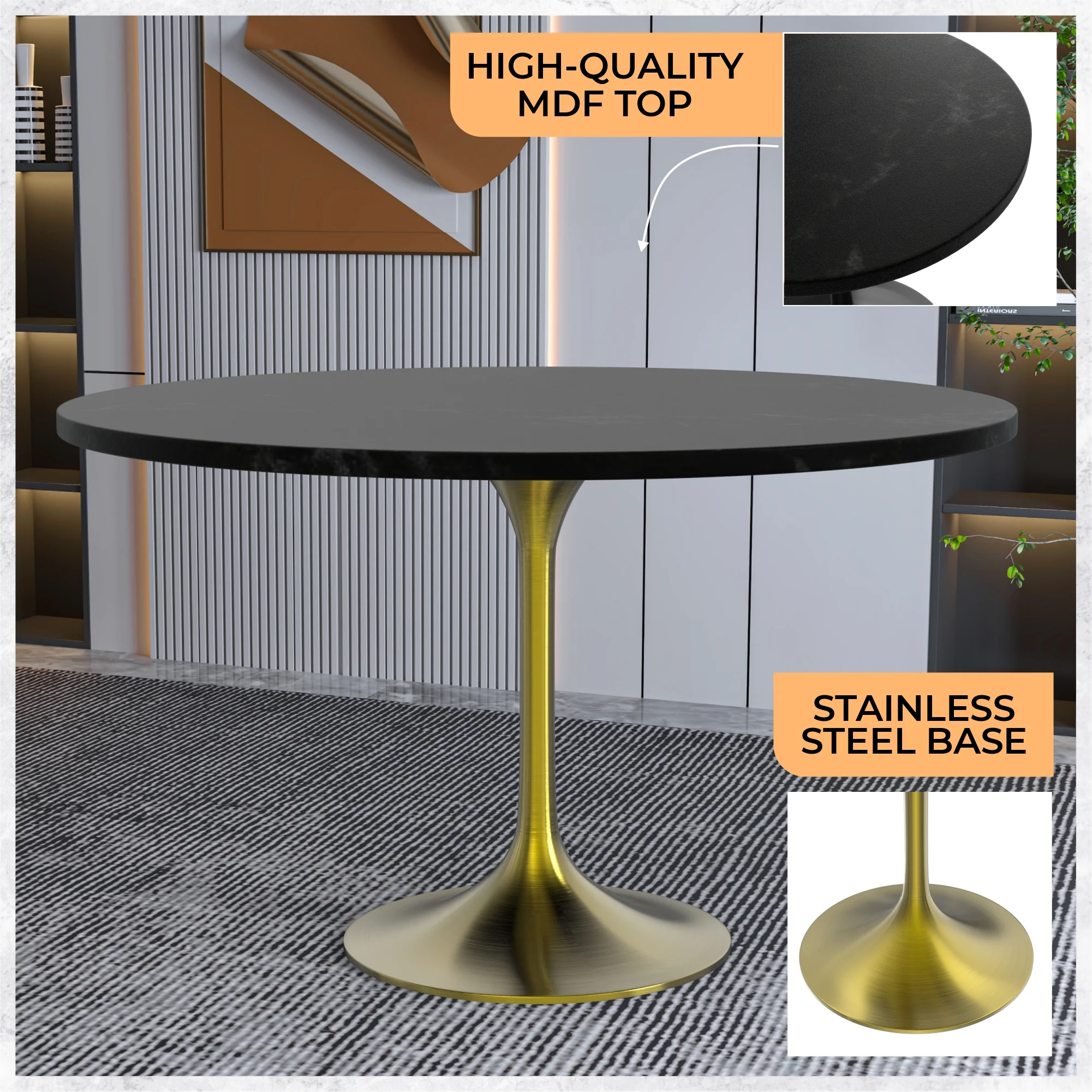 Verve Collection 48" Round Dining Table, Brushed Gold Base with Black MDF Top
