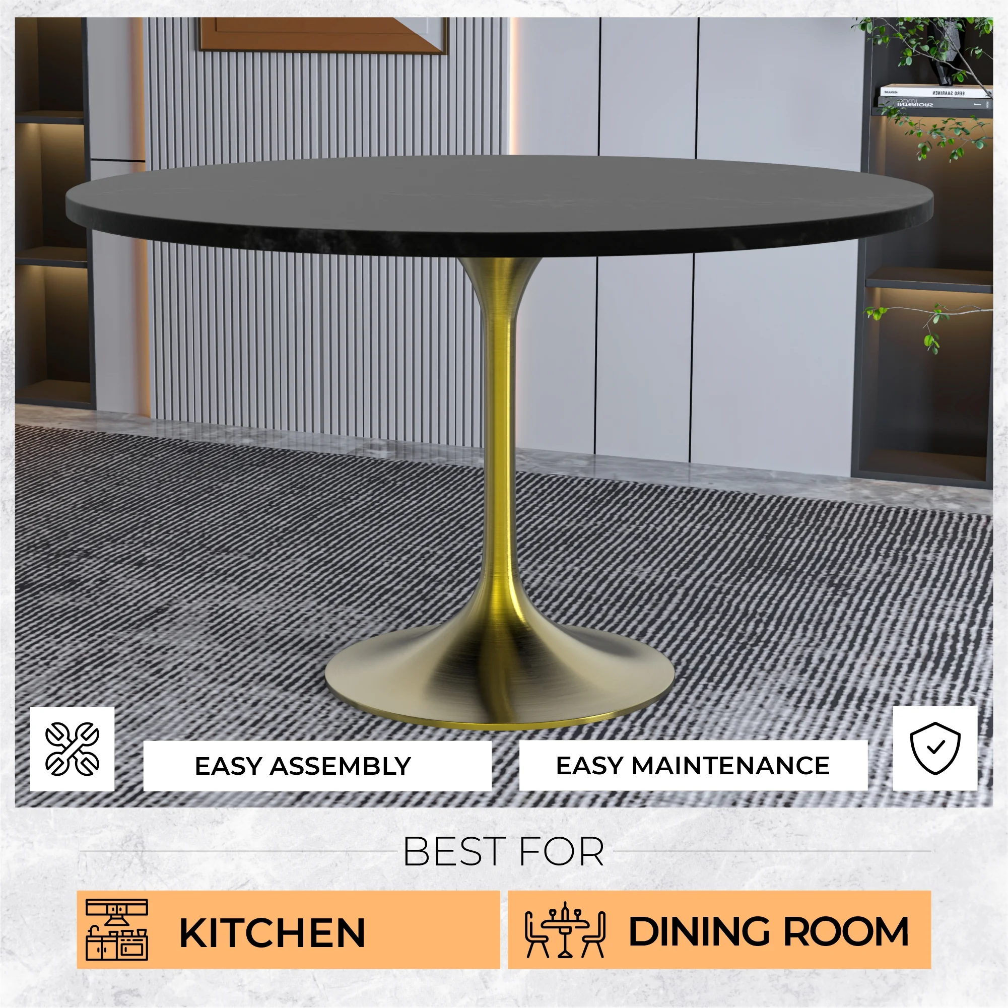 Verve Collection 48" Round Dining Table, Brushed Gold Base with Black MDF Top