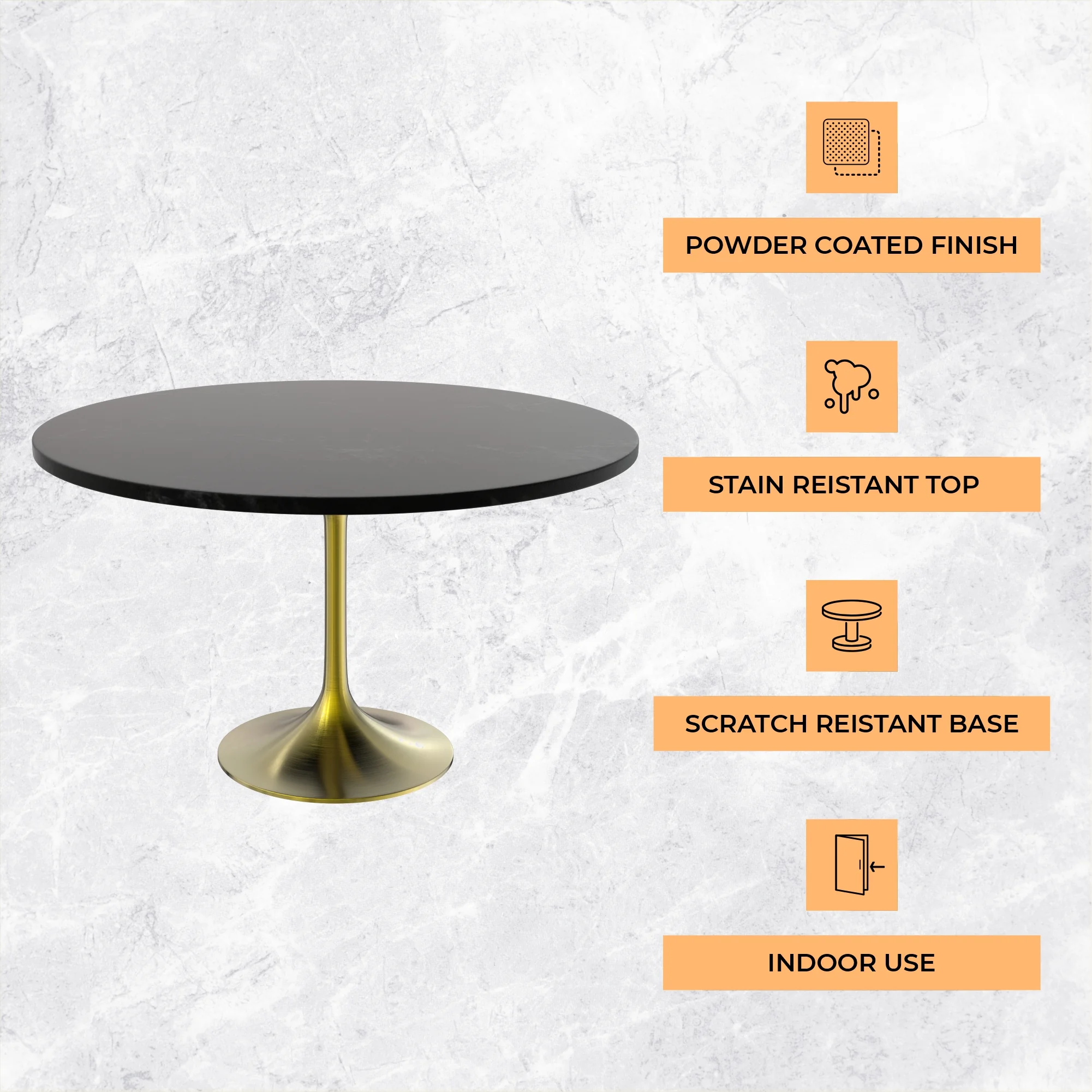 Verve Collection 48" Round Dining Table, Brushed Gold Base with Black MDF Top