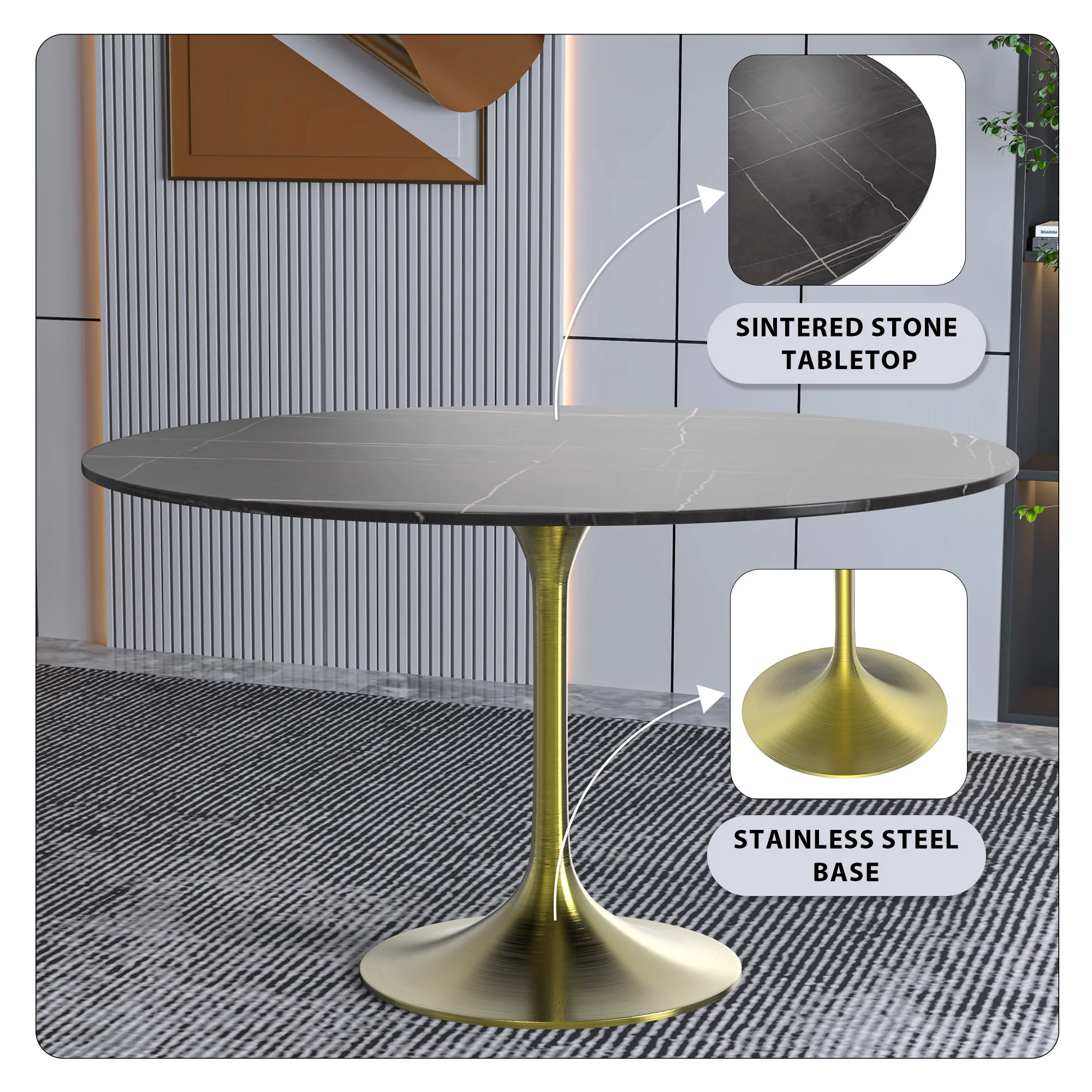 Verve Collection 48 Round Dining Table, Brushed Gold Base with Sintered Stone Black Top