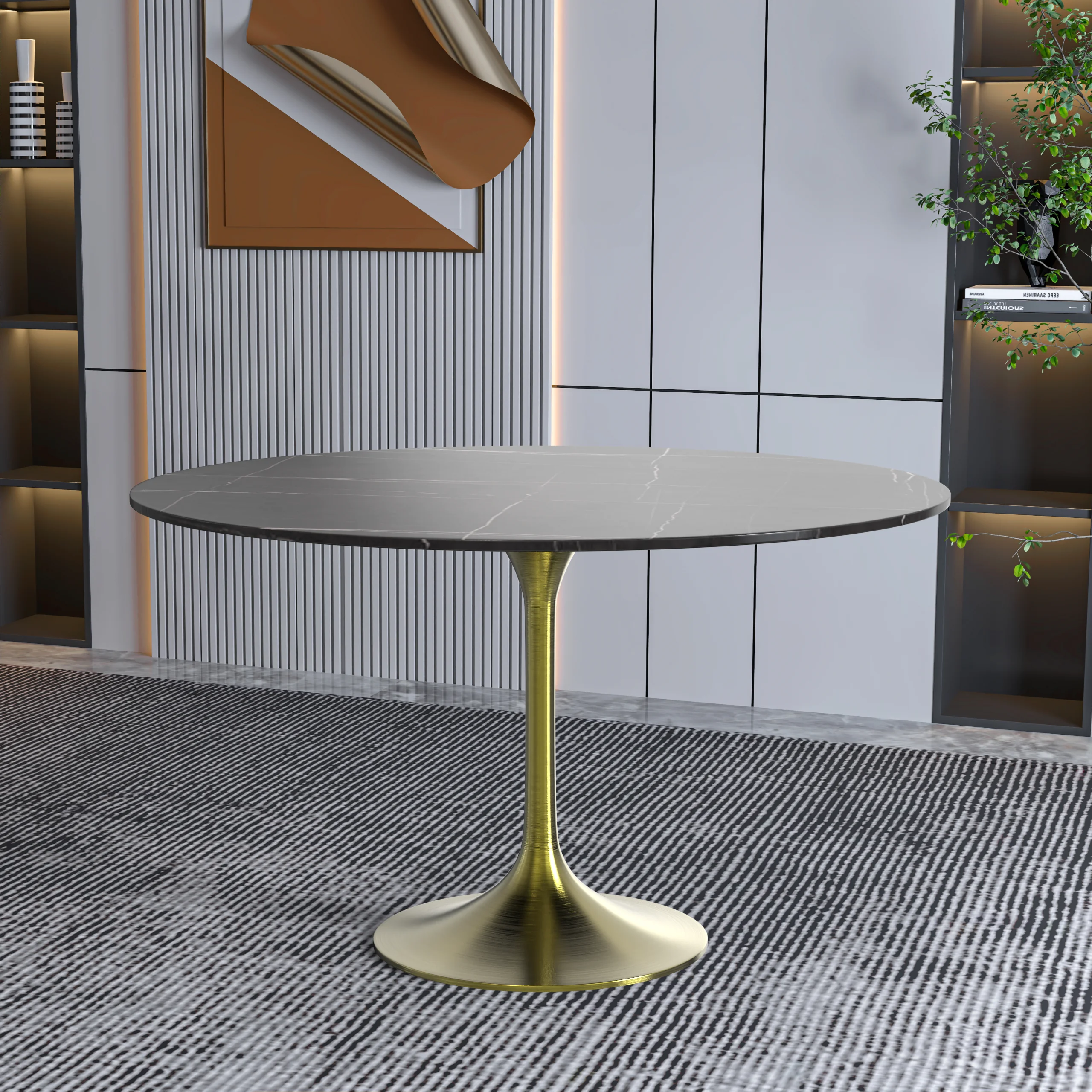 Verve Collection 48 Round Dining Table, Brushed Gold Base with Sintered Stone Black Top