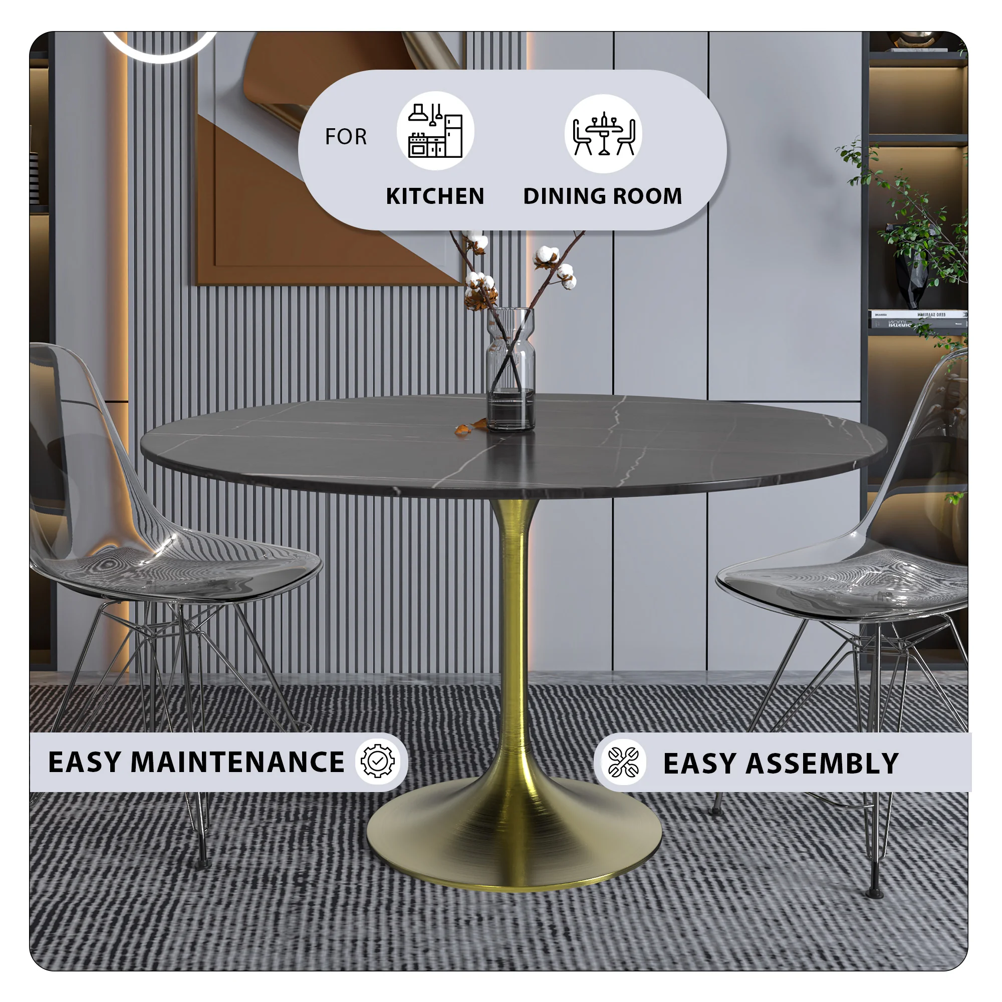 Verve Collection 48 Round Dining Table, Brushed Gold Base with Sintered Stone Black Top