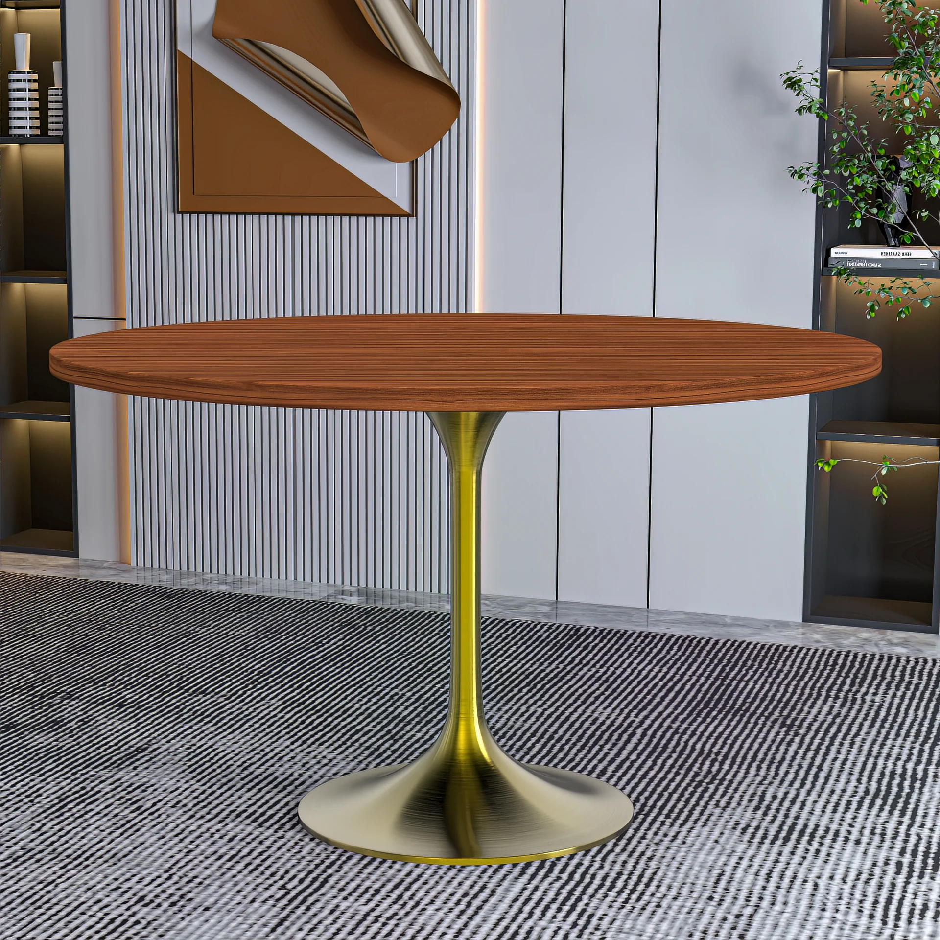 Verve Collection 48" Round Dining Table, Brushed Gold Base with Cognac Brown MDF Top