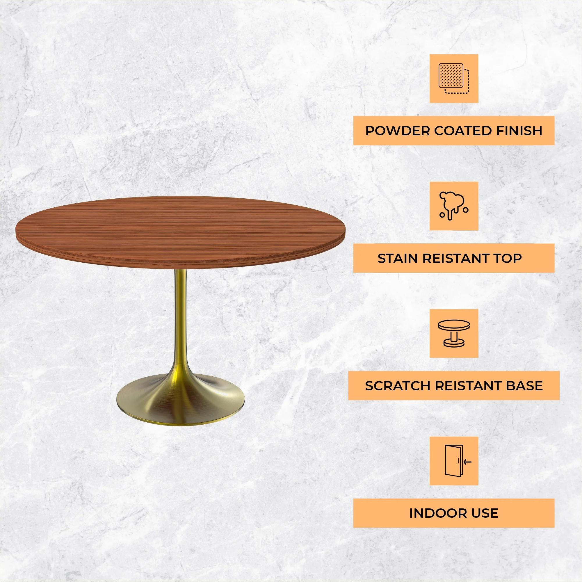 Verve Collection 48" Round Dining Table, Brushed Gold Base with Cognac Brown MDF Top