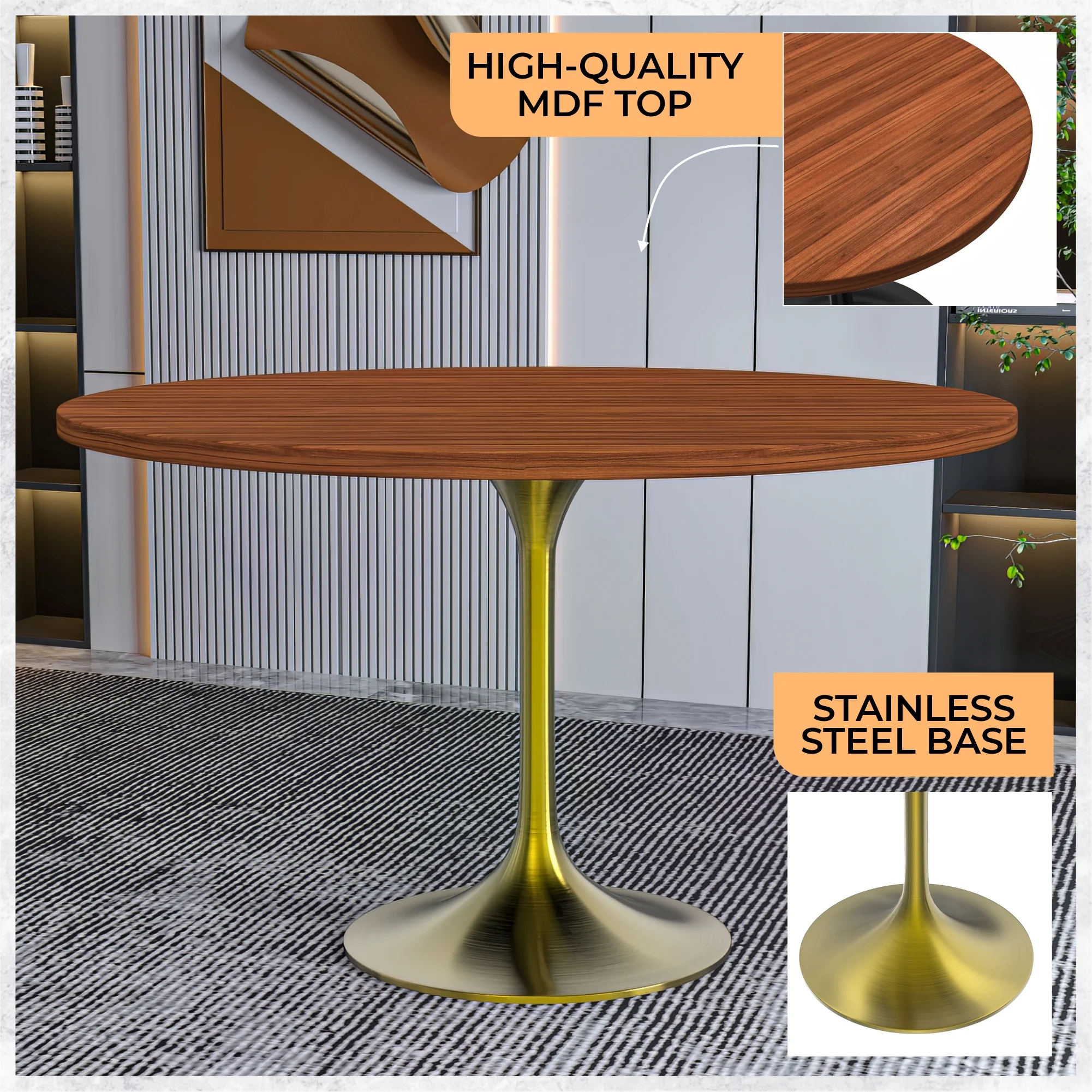Verve Collection 48" Round Dining Table, Brushed Gold Base with Cognac Brown MDF Top