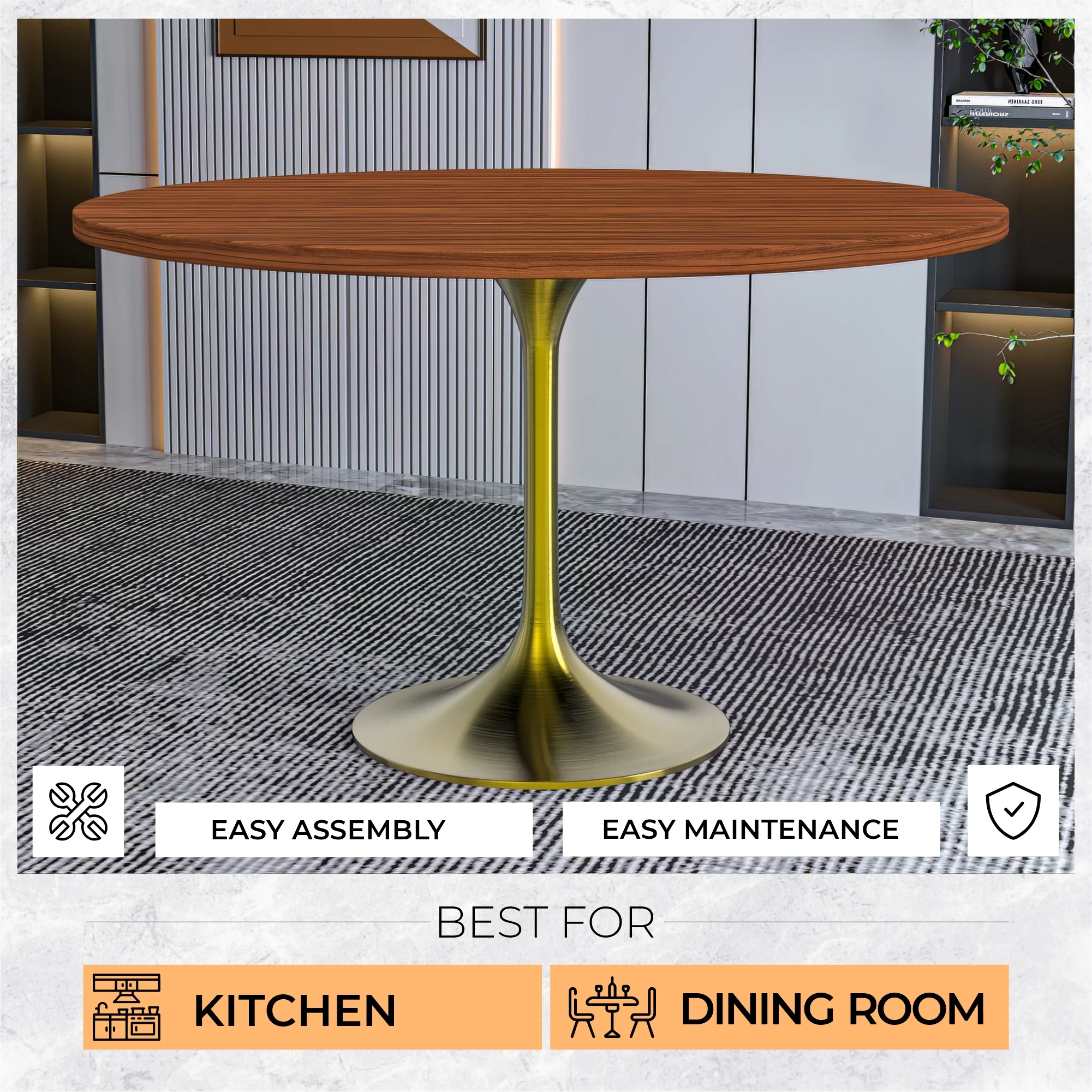 Verve Collection 48" Round Dining Table, Brushed Gold Base with Cognac Brown MDF Top