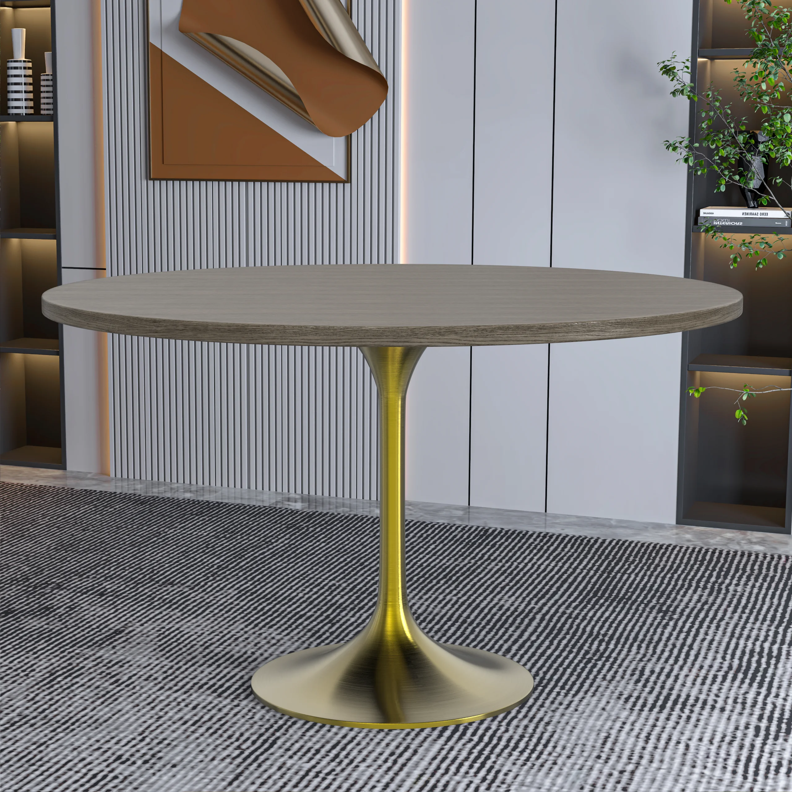 Verve Collection 48" Round Dining Table, Brushed Gold Base with Dark Maple MDF Top