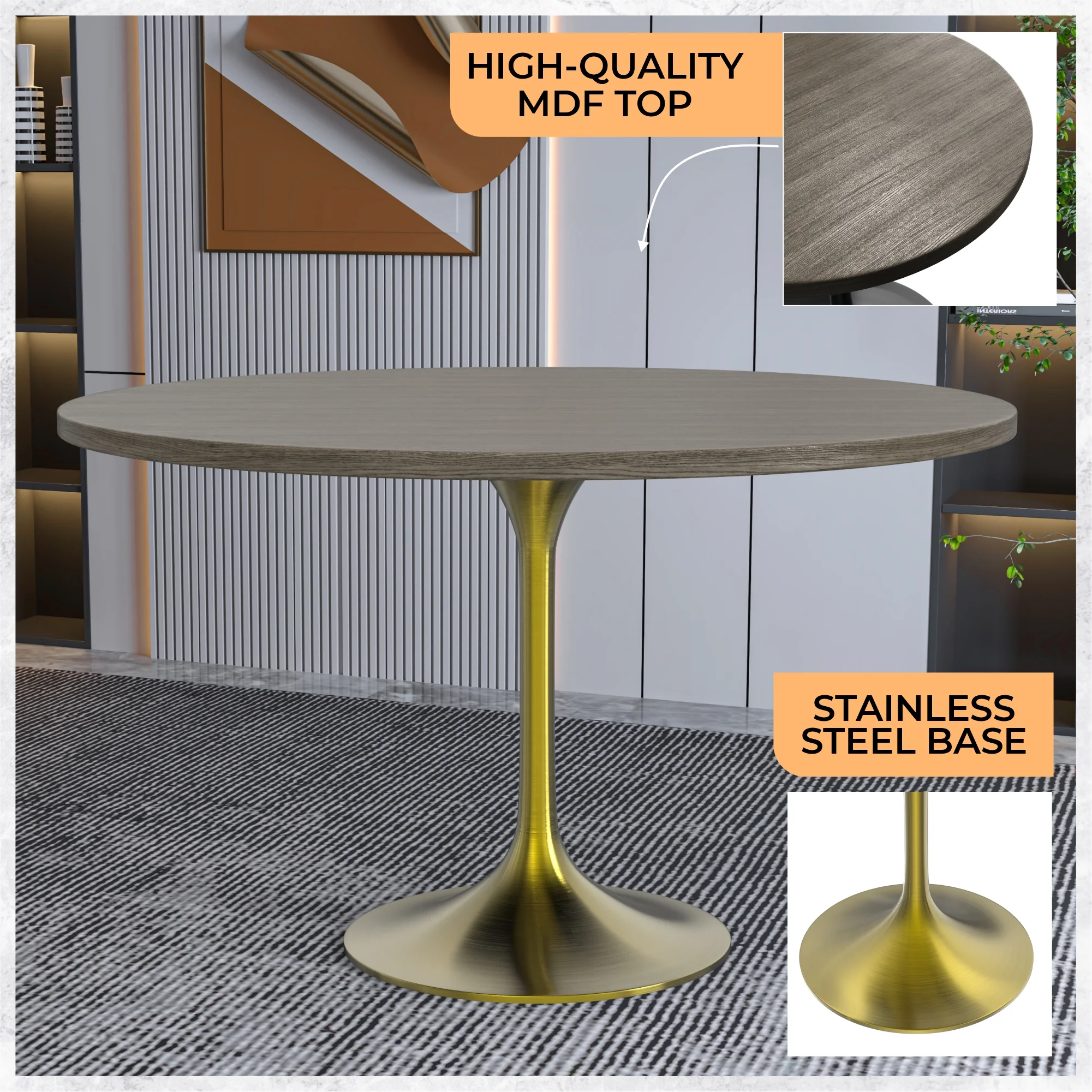 Verve Collection 48" Round Dining Table, Brushed Gold Base with Dark Maple MDF Top