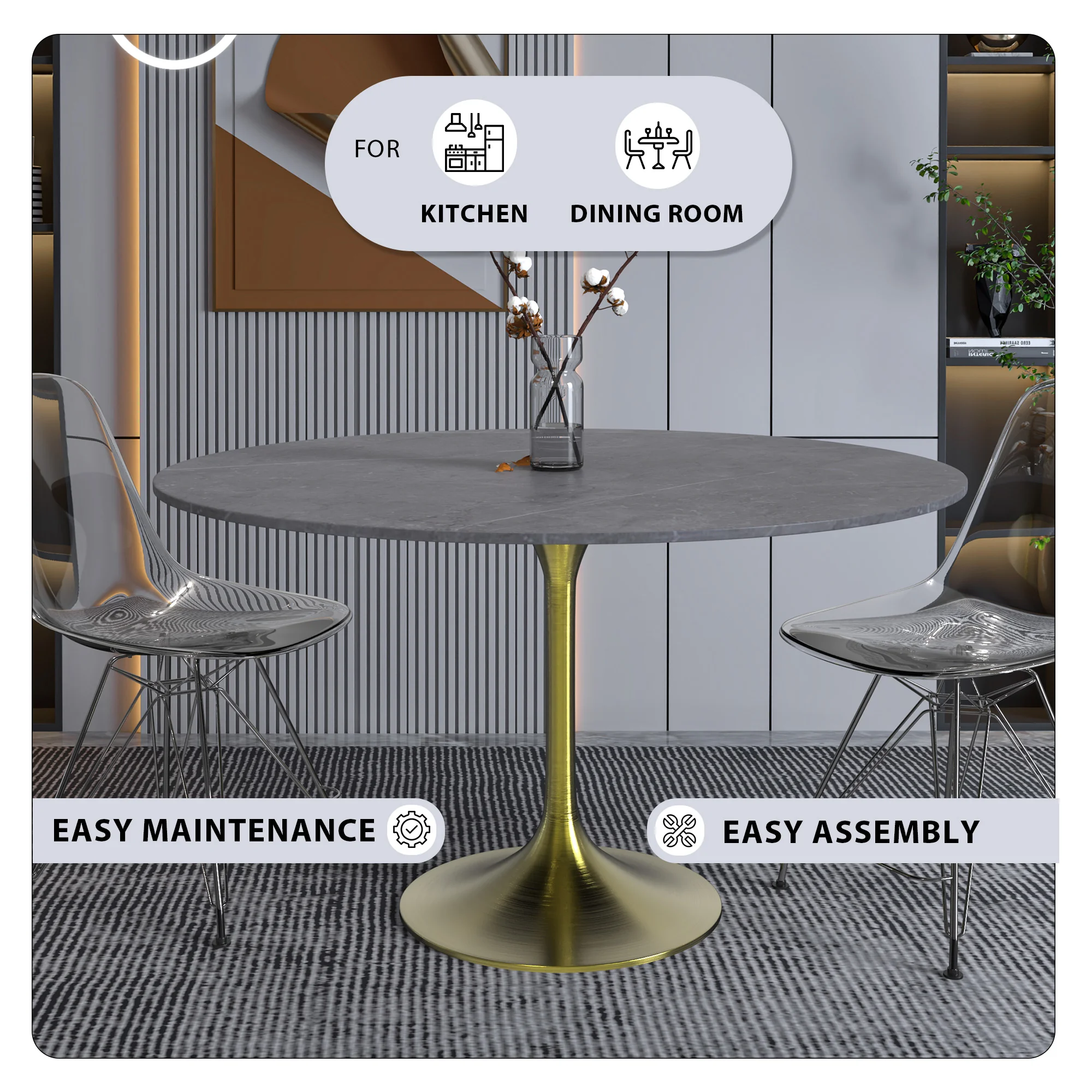 Verve Collection 48 Round Dining Table, Brushed Gold Base with Sintered Stone Grey Top