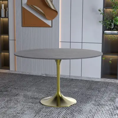Verve Collection 48 Round Dining Table, Brushed Gold Base with Sintered Stone Grey Top