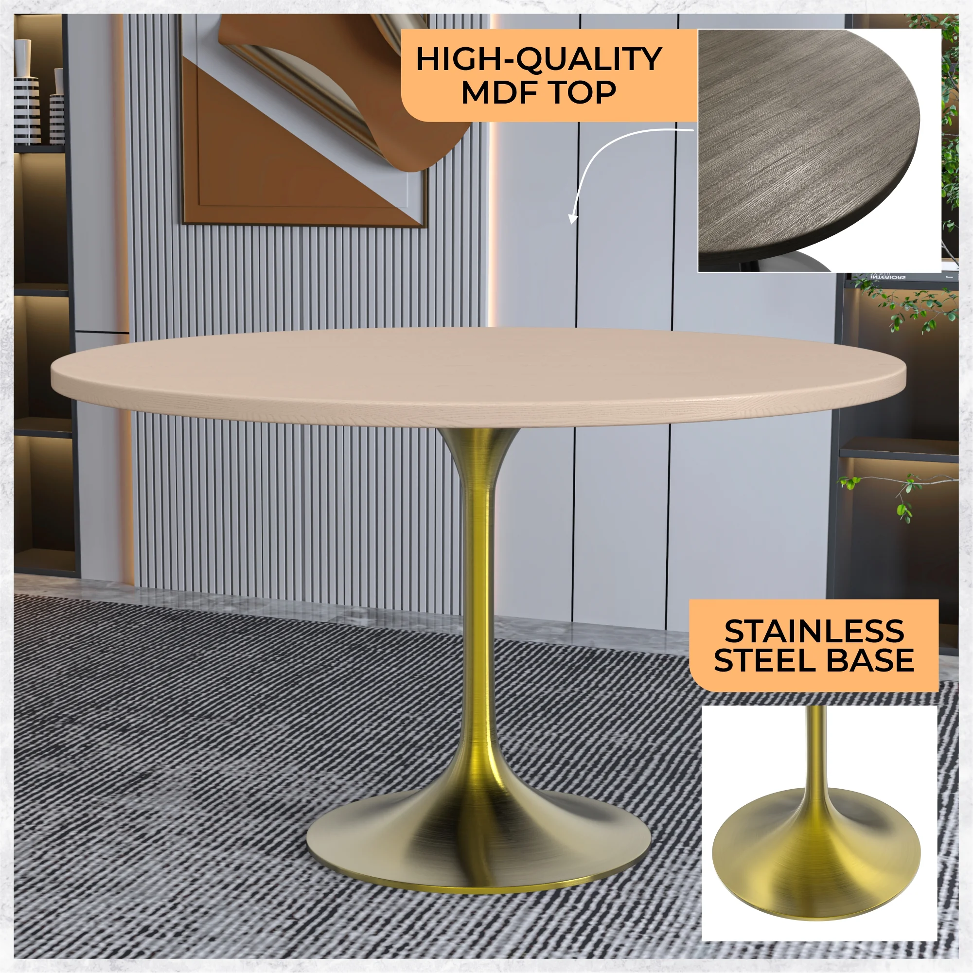 Verve Collection 48" Round Dining Table, Brushed Gold Base with Light Natural Wood MDF Top