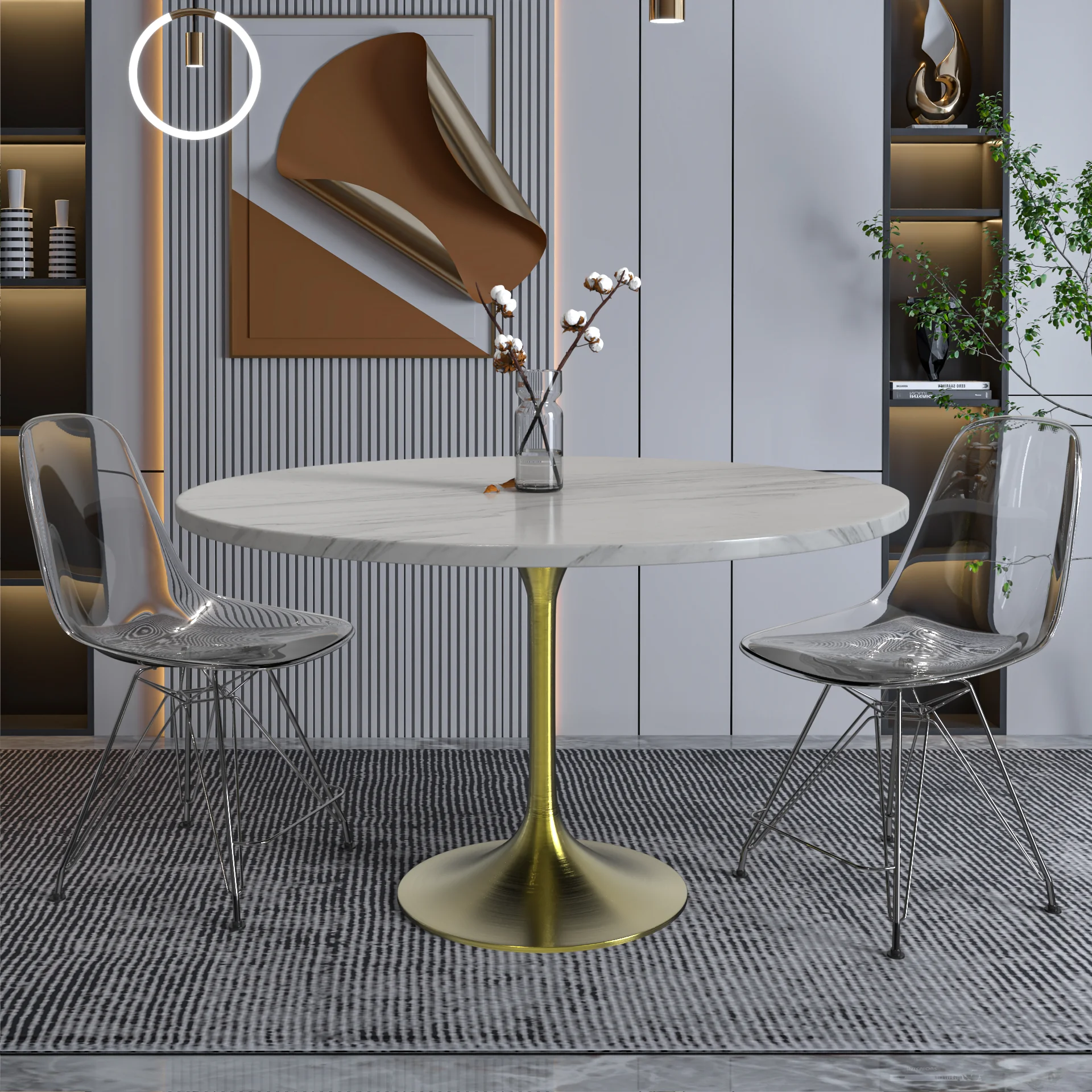 Verve Collection 48 Round Dining Table, Brushed Gold Base with Sintered Stone White Top