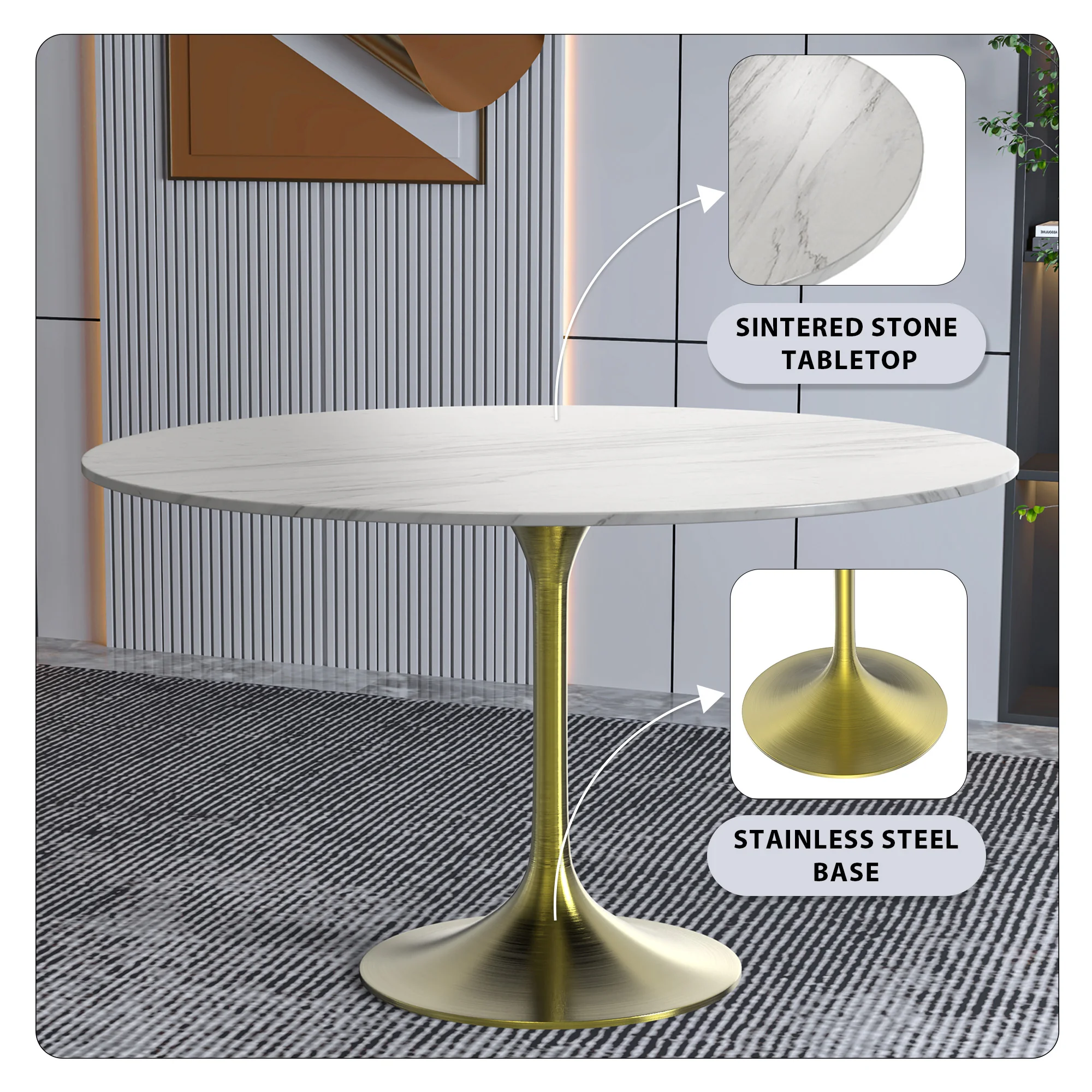 Verve Collection 48 Round Dining Table, Brushed Gold Base with Sintered Stone White Top