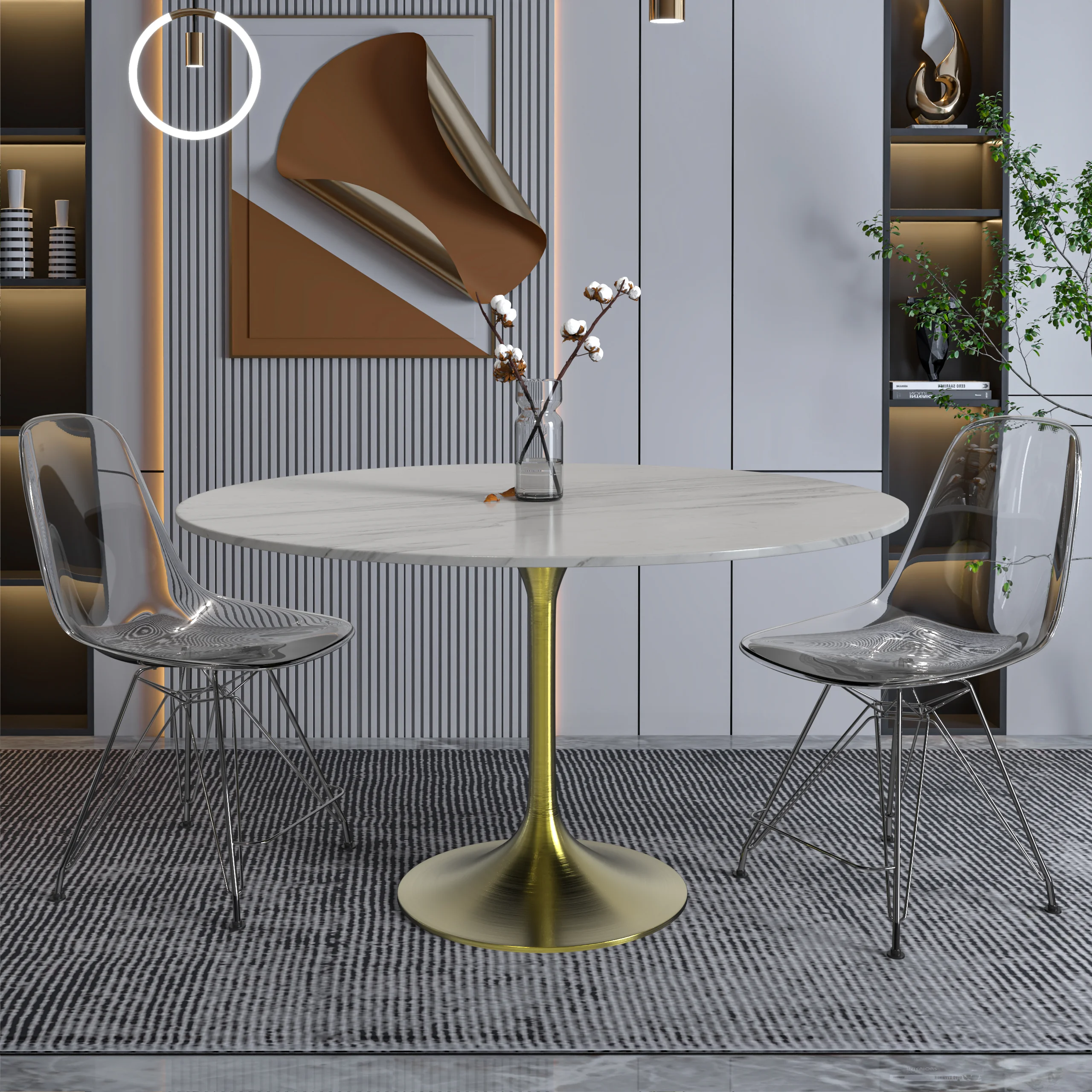 Verve Collection 48 Round Dining Table, Brushed Gold Base with Sintered Stone White Top