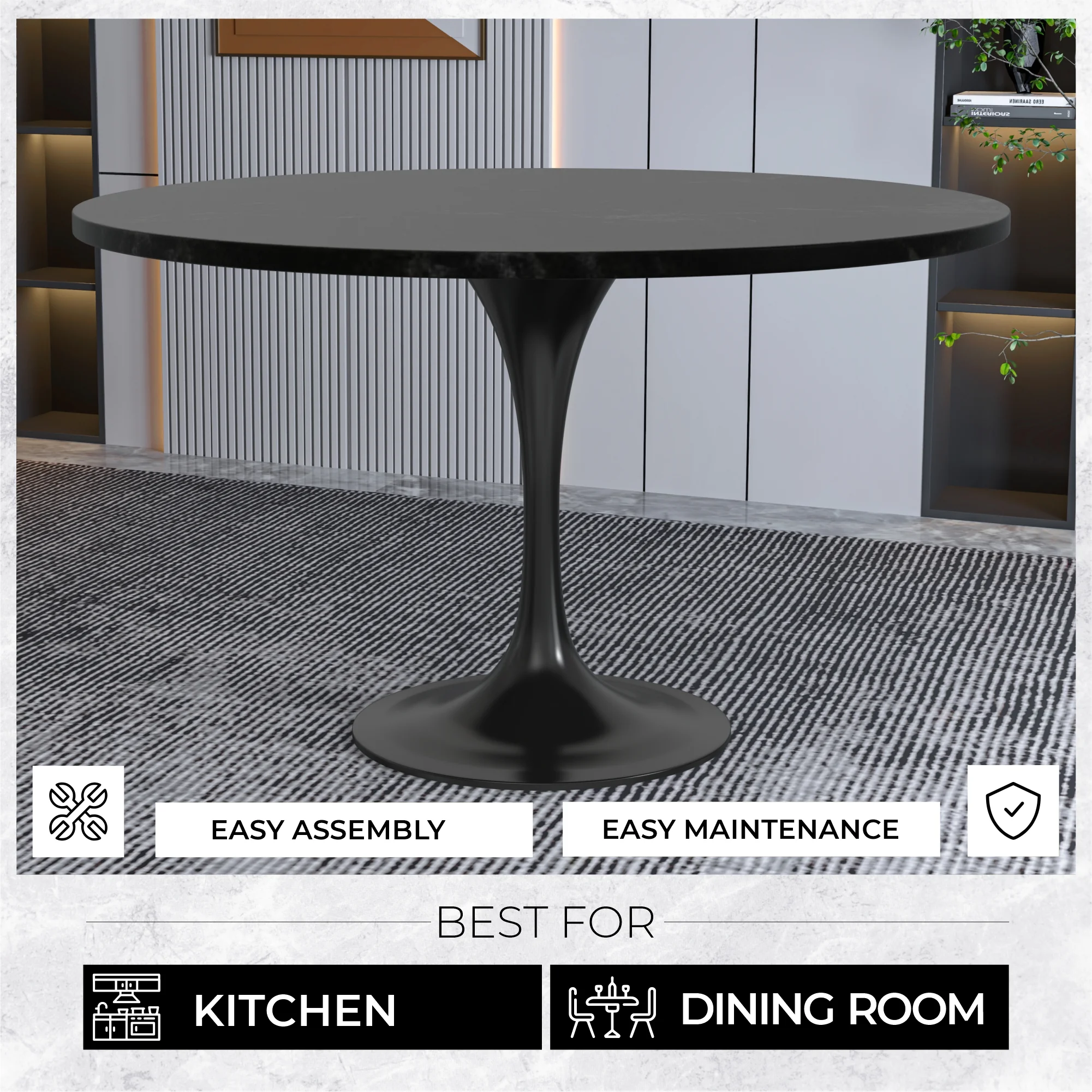 Verve Collection 48 Round Dining Table, Black Base with Black MDF Top