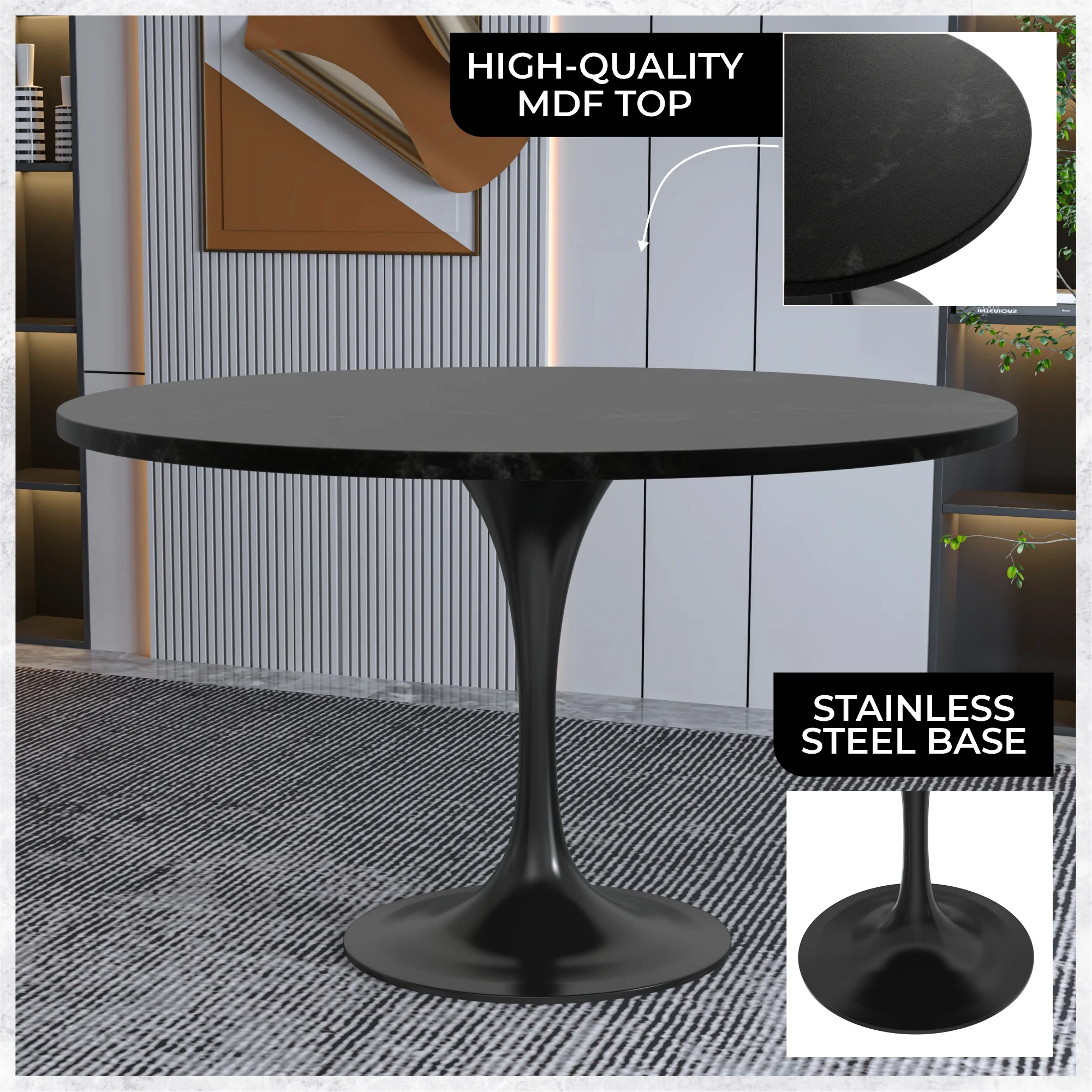 Verve Collection 48 Round Dining Table, Black Base with Black MDF Top