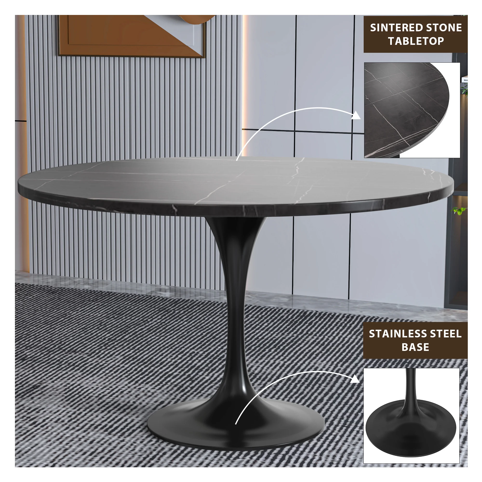 Verve Collection 48 Round Dining Table, Black Base with Sintered Stone Black Top